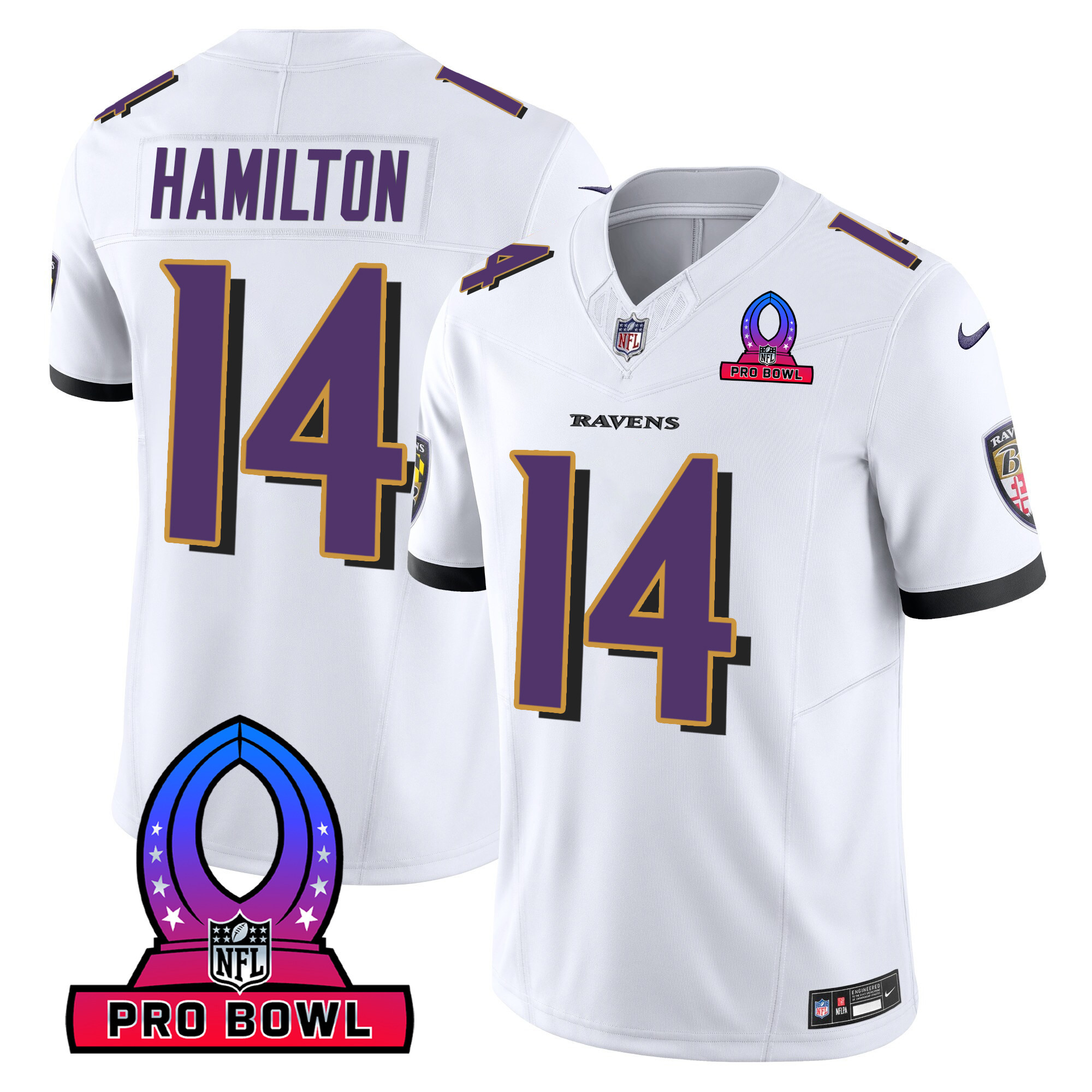 Kyle Hamilton Men's Baltimore Ravens 2024 Pro Bowl Patch Vapor White Jersey All Stitched