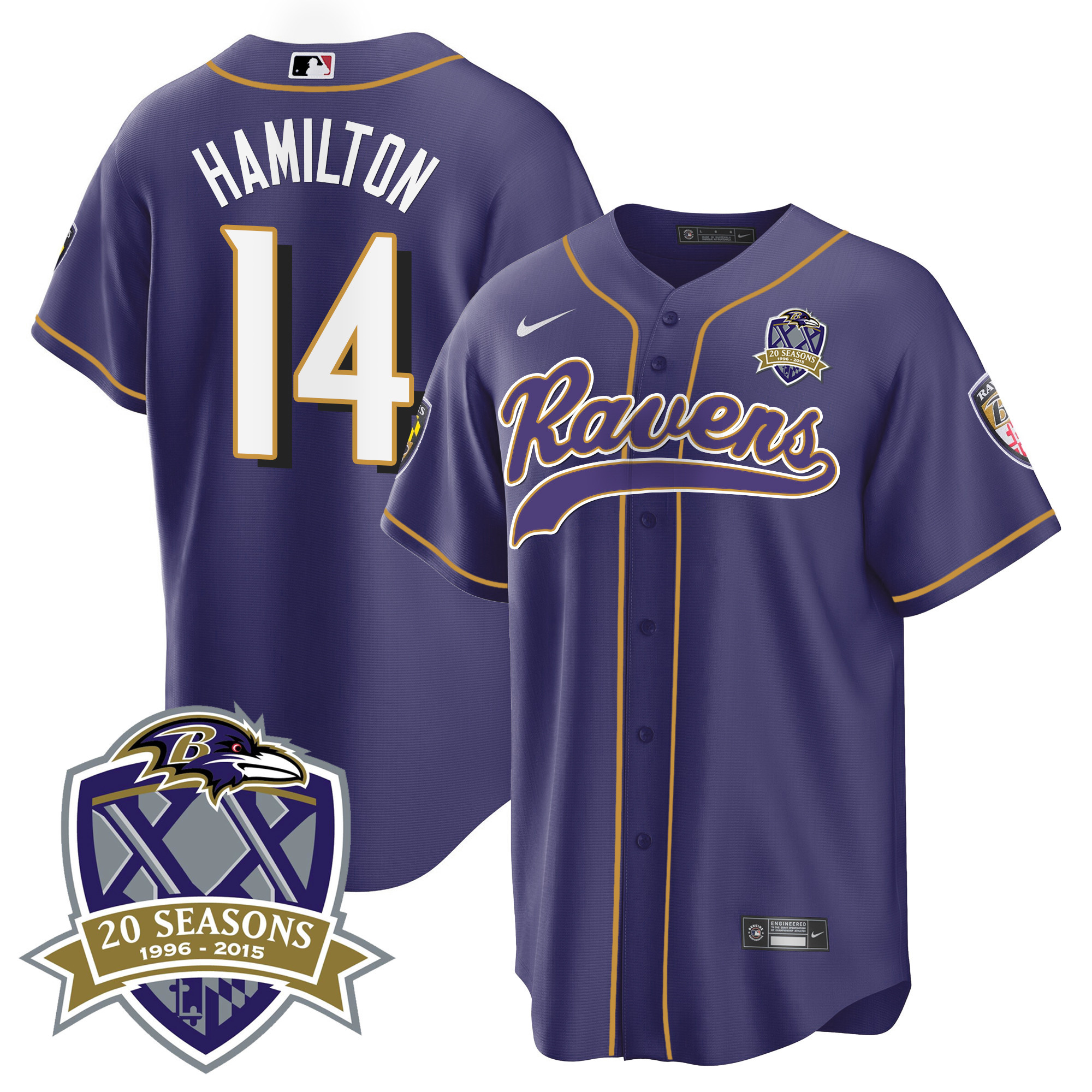 Kyle Hamilton Men's Baltimore Ravens 20Th Season Patch Baseball Purple Jersey All Stitched
