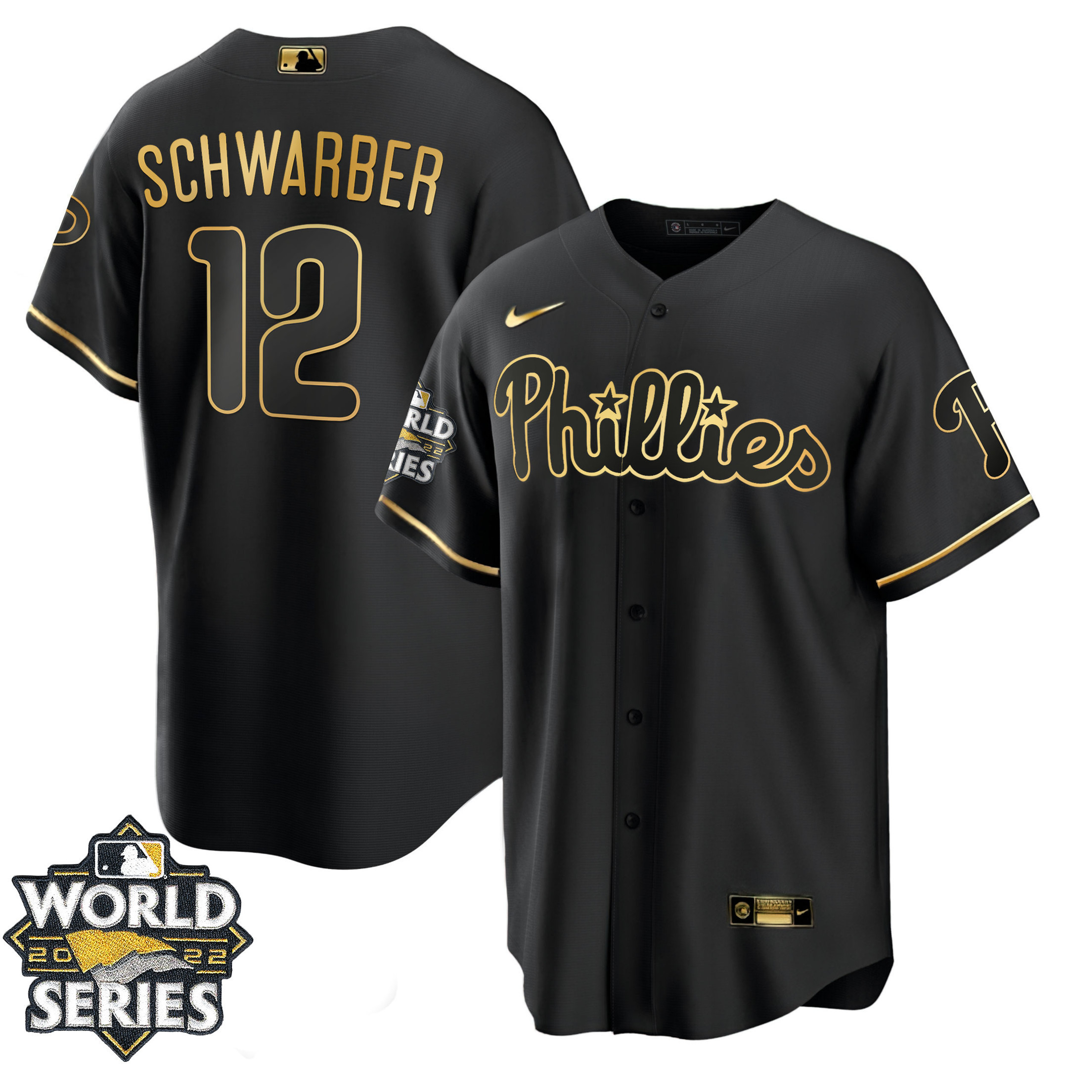Kyle Schwarber Men's Philadelphia Phillies Gold 2022 World Series Cool Black Jersey - All Stitched