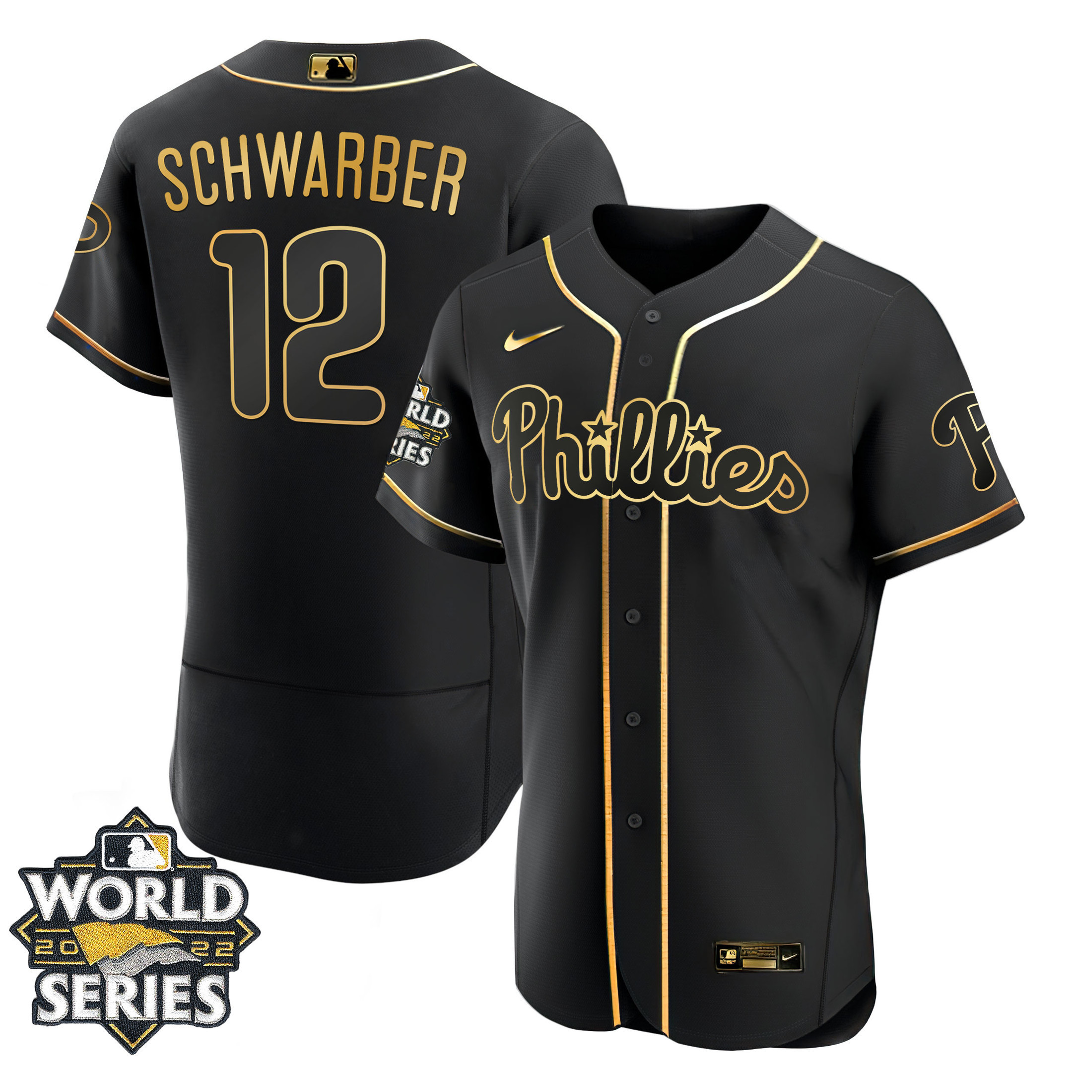 Kyle Schwarber Men's Philadelphia Phillies Gold 2022 World Series Flex Black Jersey - All Stitched