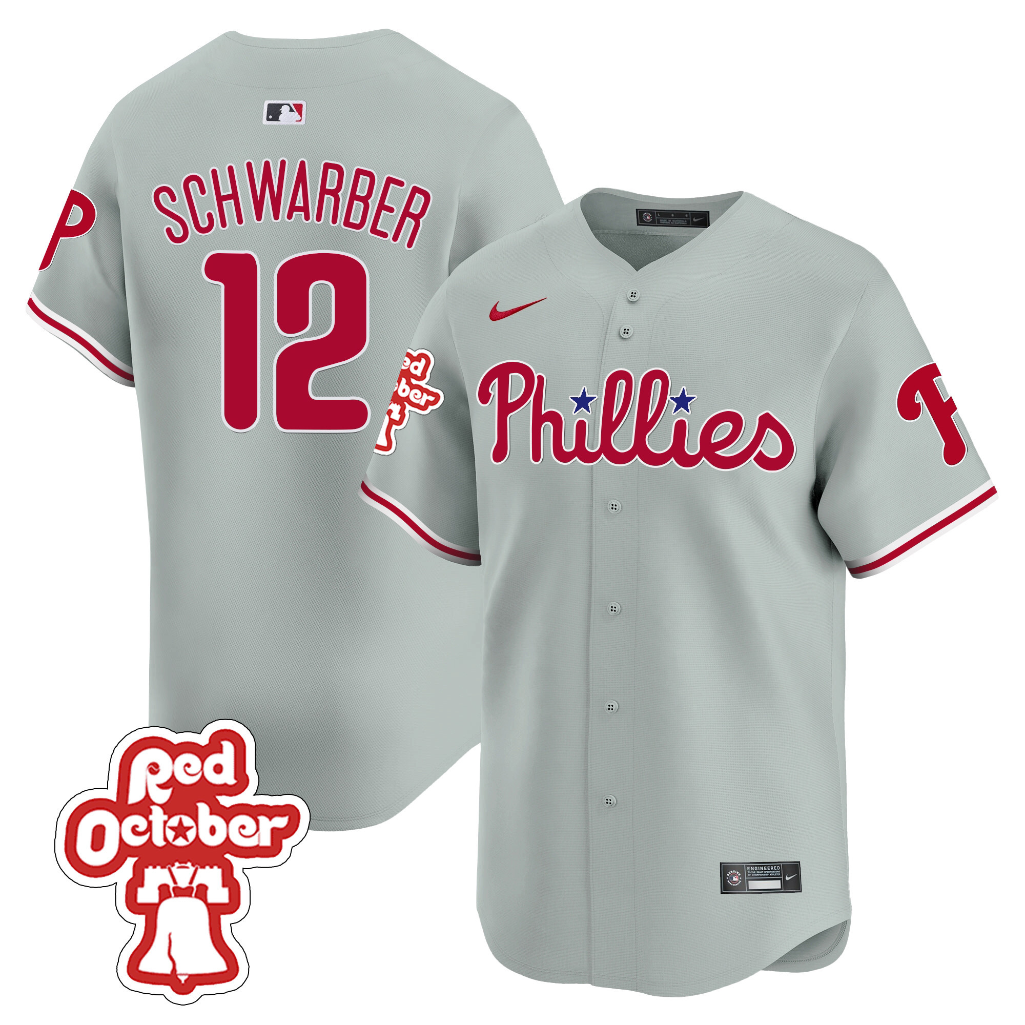 Kyle Schwarber Men's Philadelphia Phillies Red Octorber Patch Vapor Premier Limited Gray Road Jersey - All Stitched