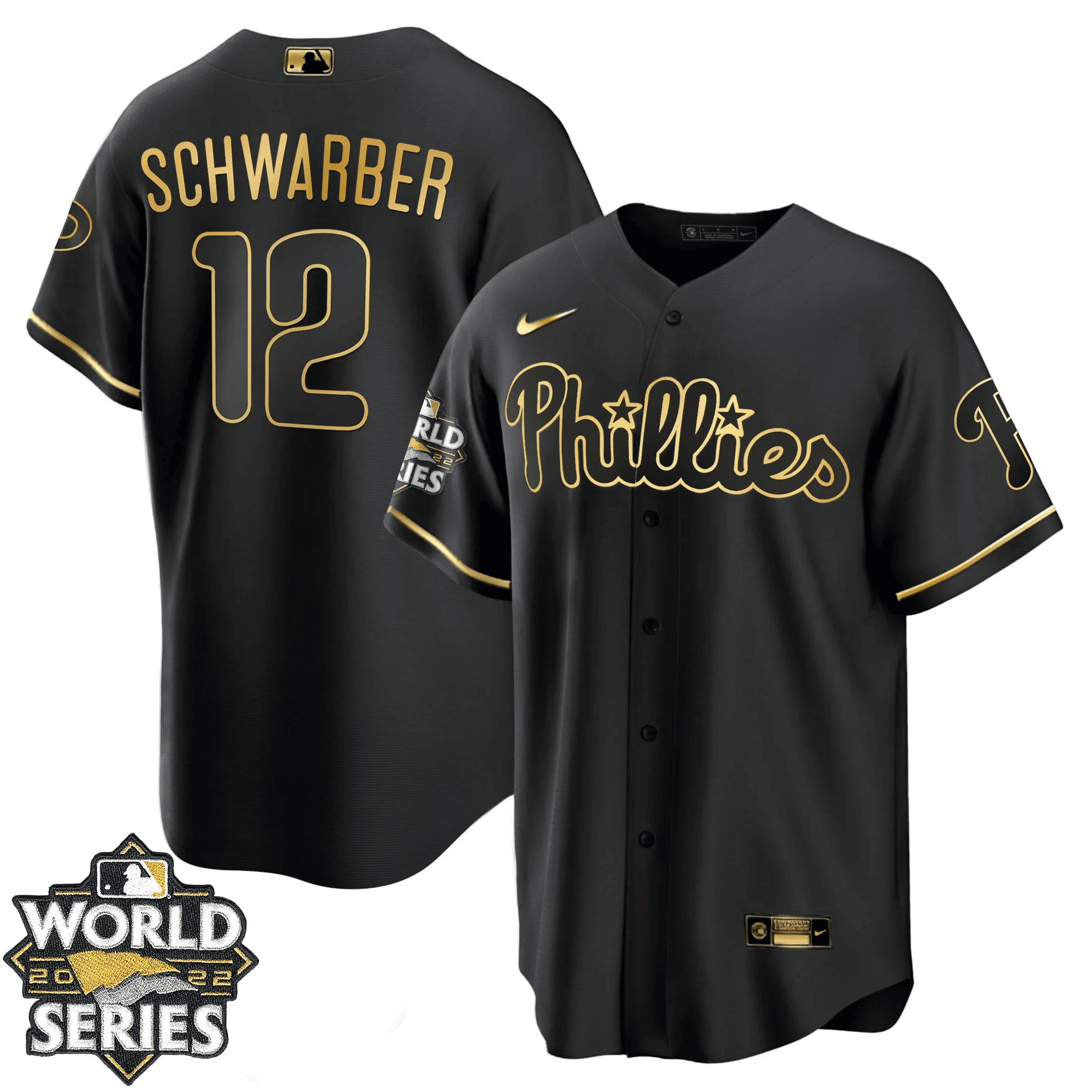 Kyle Schwarber Youth's Philadelphia Phillies Gold 2022 World Series Cool Black Jersey - All Stitched