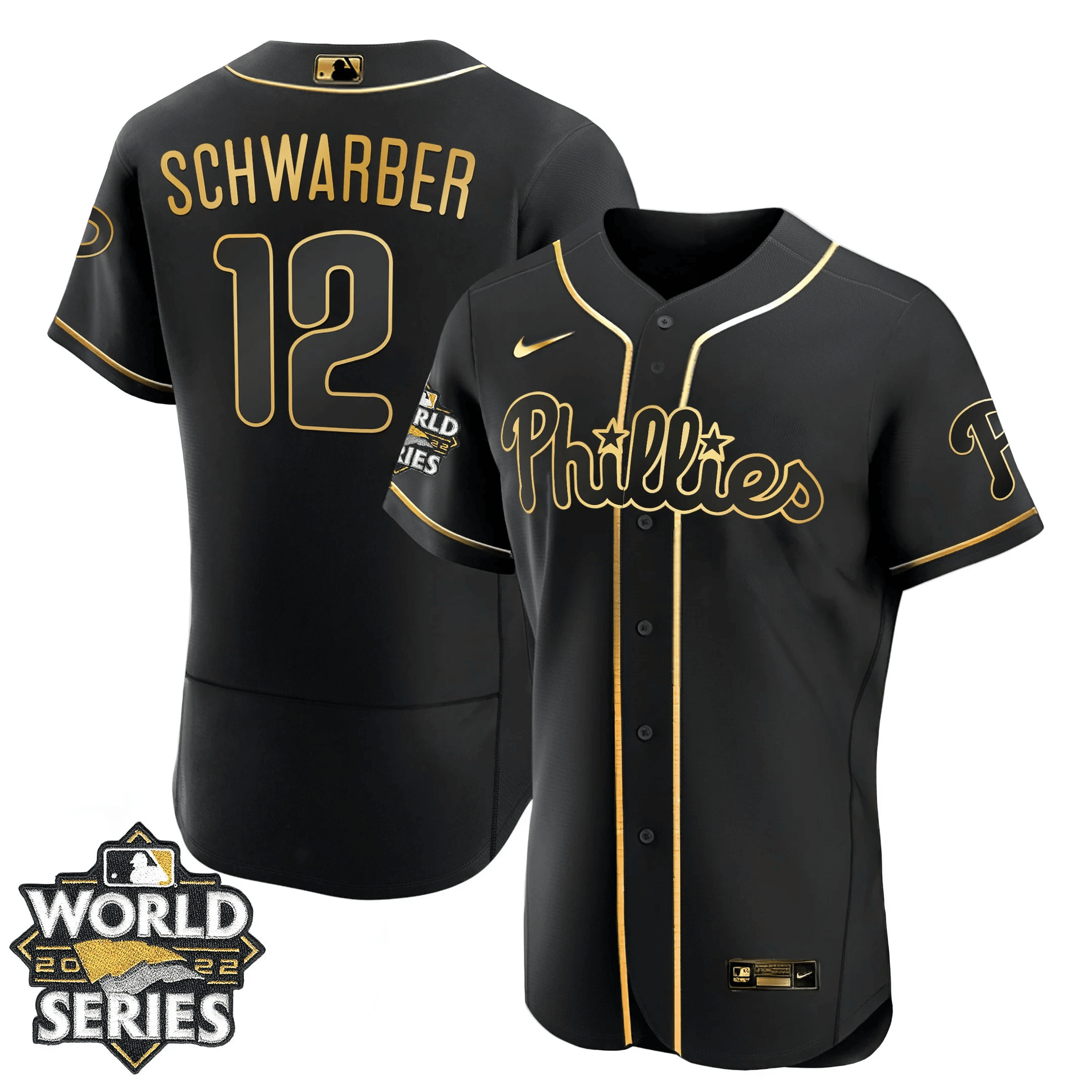 Kyle Schwarber Youth's Philadelphia Phillies Gold 2022 World Series Flex Black Jersey - All Stitched