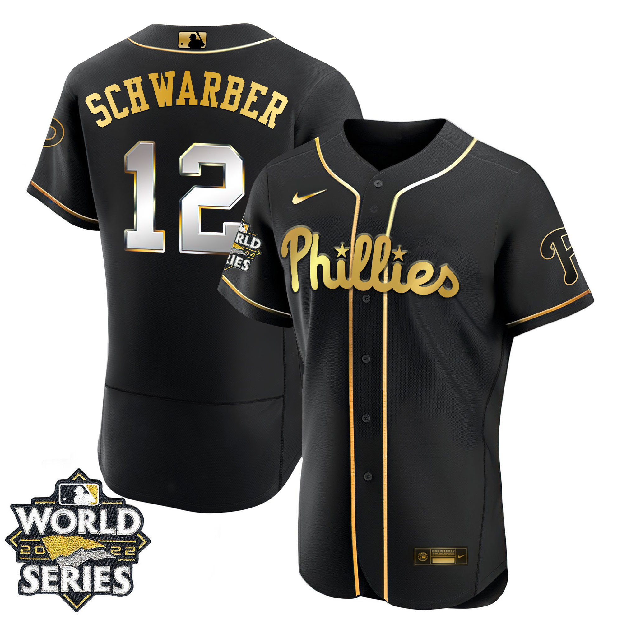 Kyle Schwarber Youth's Philadelphia Phillies Gold 2022 World Series Limited Flex Black Jersey - All Stitched