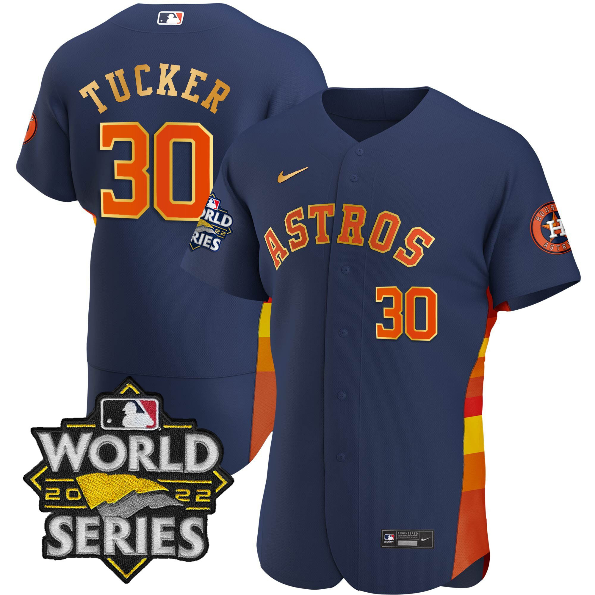 Kyle Tucker Men's Houston Astros 2022 World Series Gold Limited Flex Navy Jersey - All Stitched