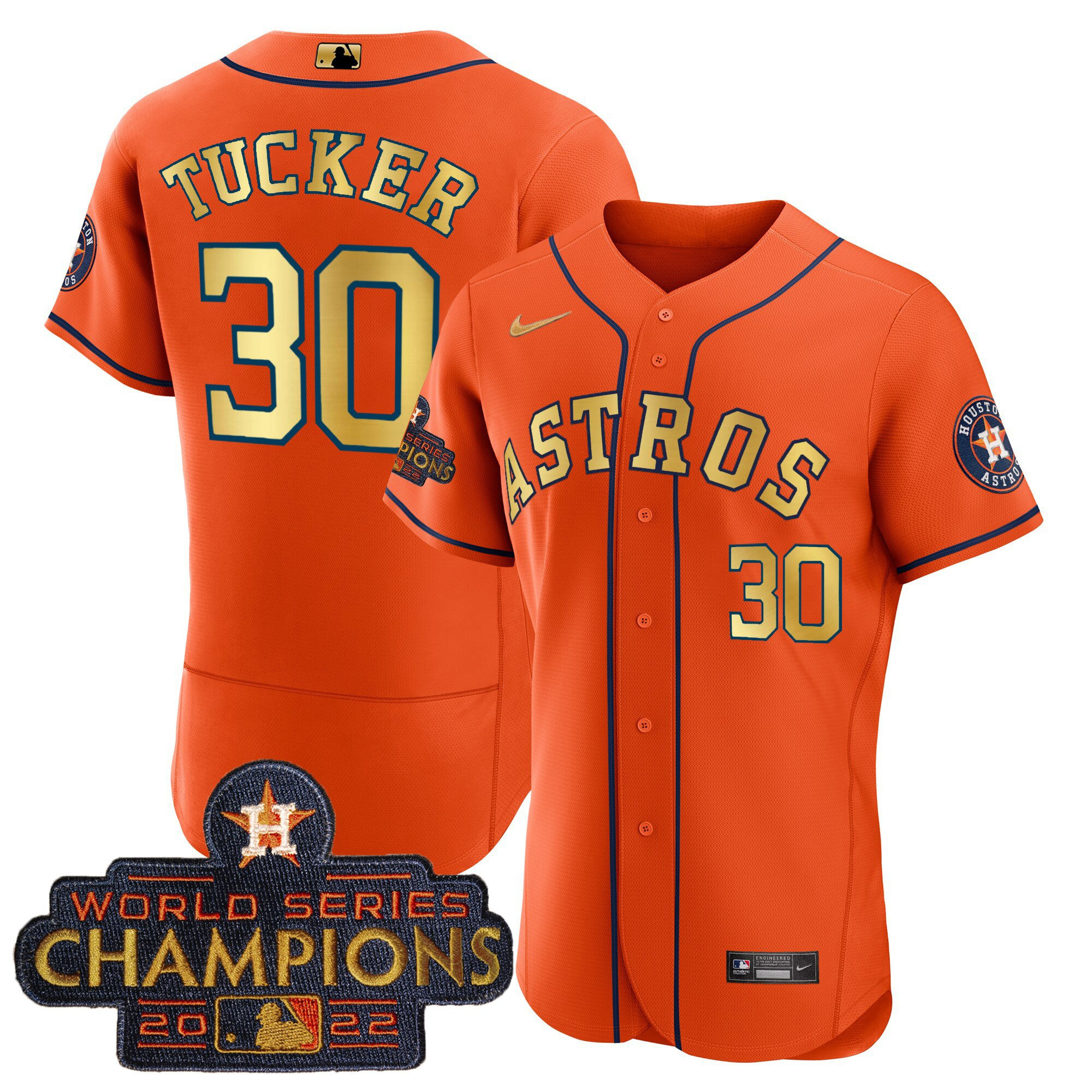 Kyle Tucker Men's Houston Astros 2023 Champions Orange Gold Flex Base Jersey - All Stitched