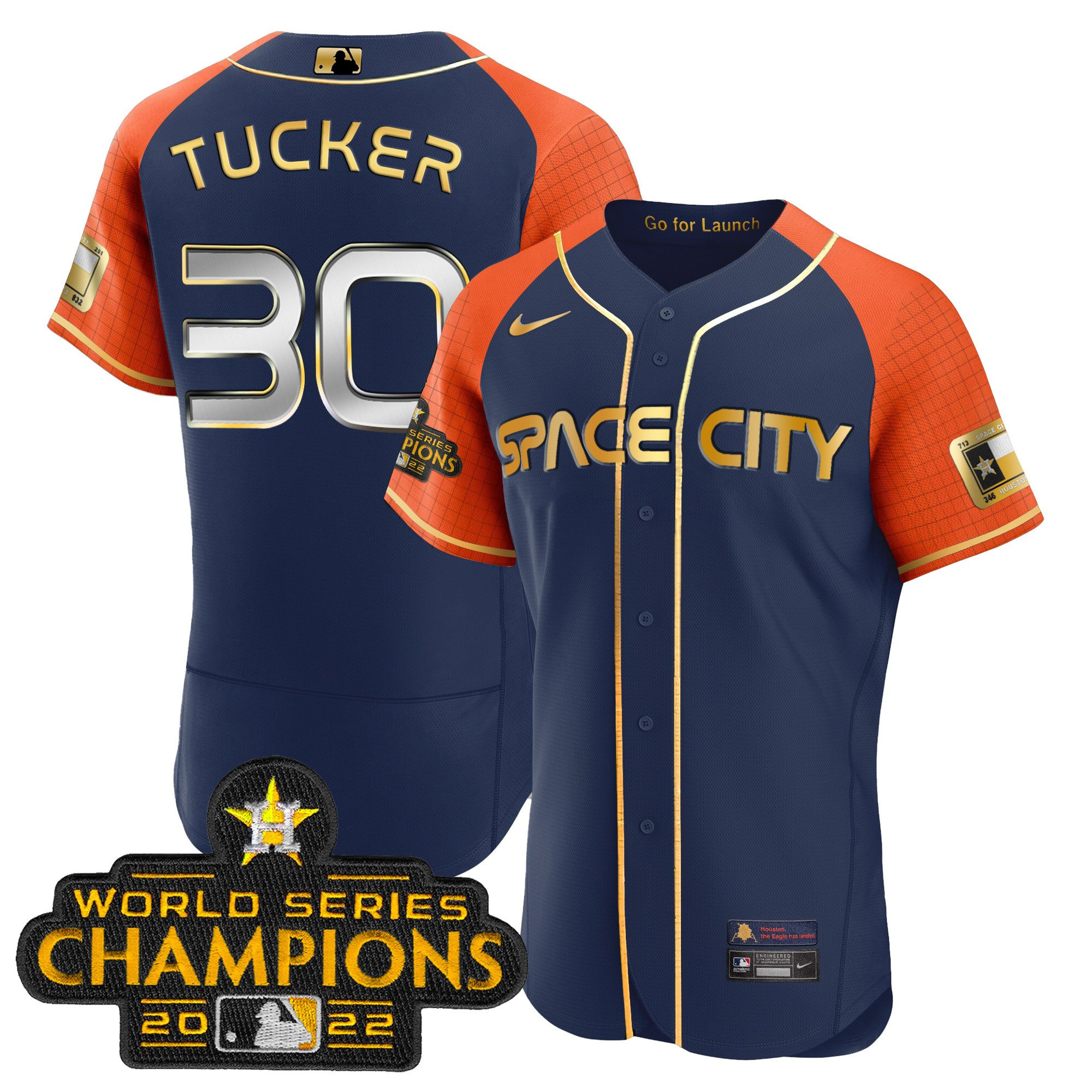 Kyle Tucker Men's Houston Astros 2023 Space City Champions Alternate Navy Flex Navy Orange Jersey - All Stitched