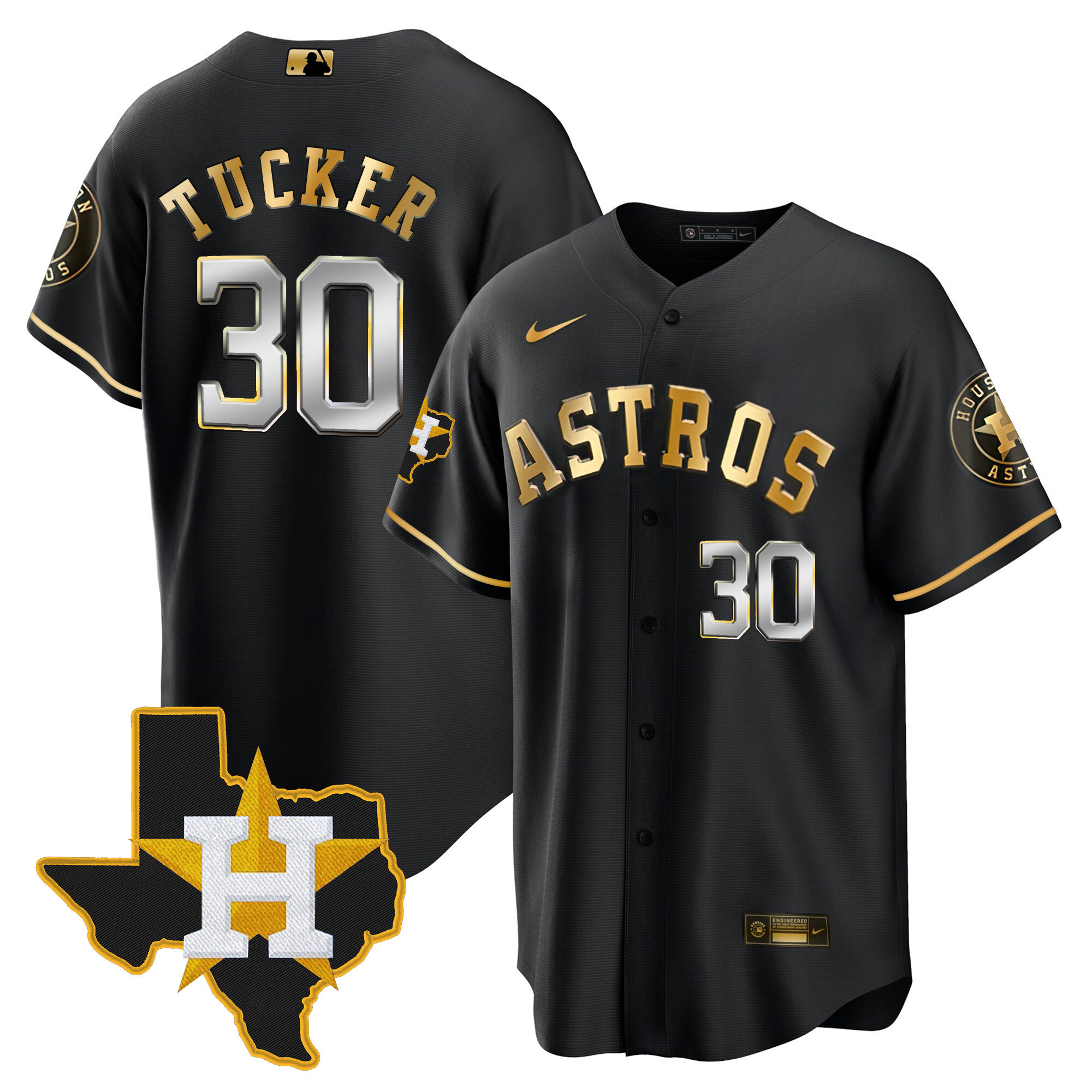 Kyle Tucker Men's Houston Astros 2024 Gold - Texas Patch Cool Black Jersey - All Stitched
