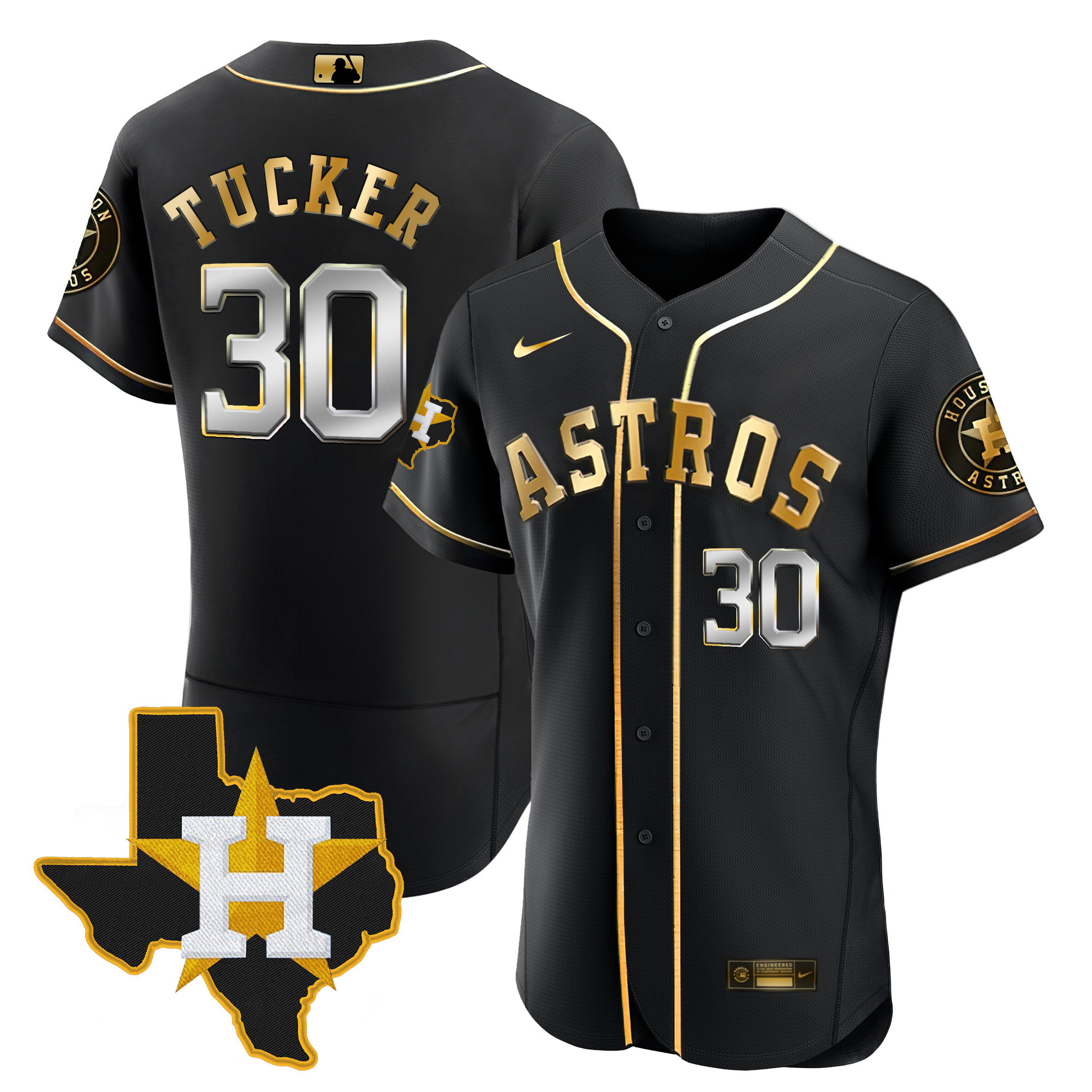 Kyle Tucker Men's Houston Astros 2024 Gold - Texas Patch Flex Black Jersey - All Stitched