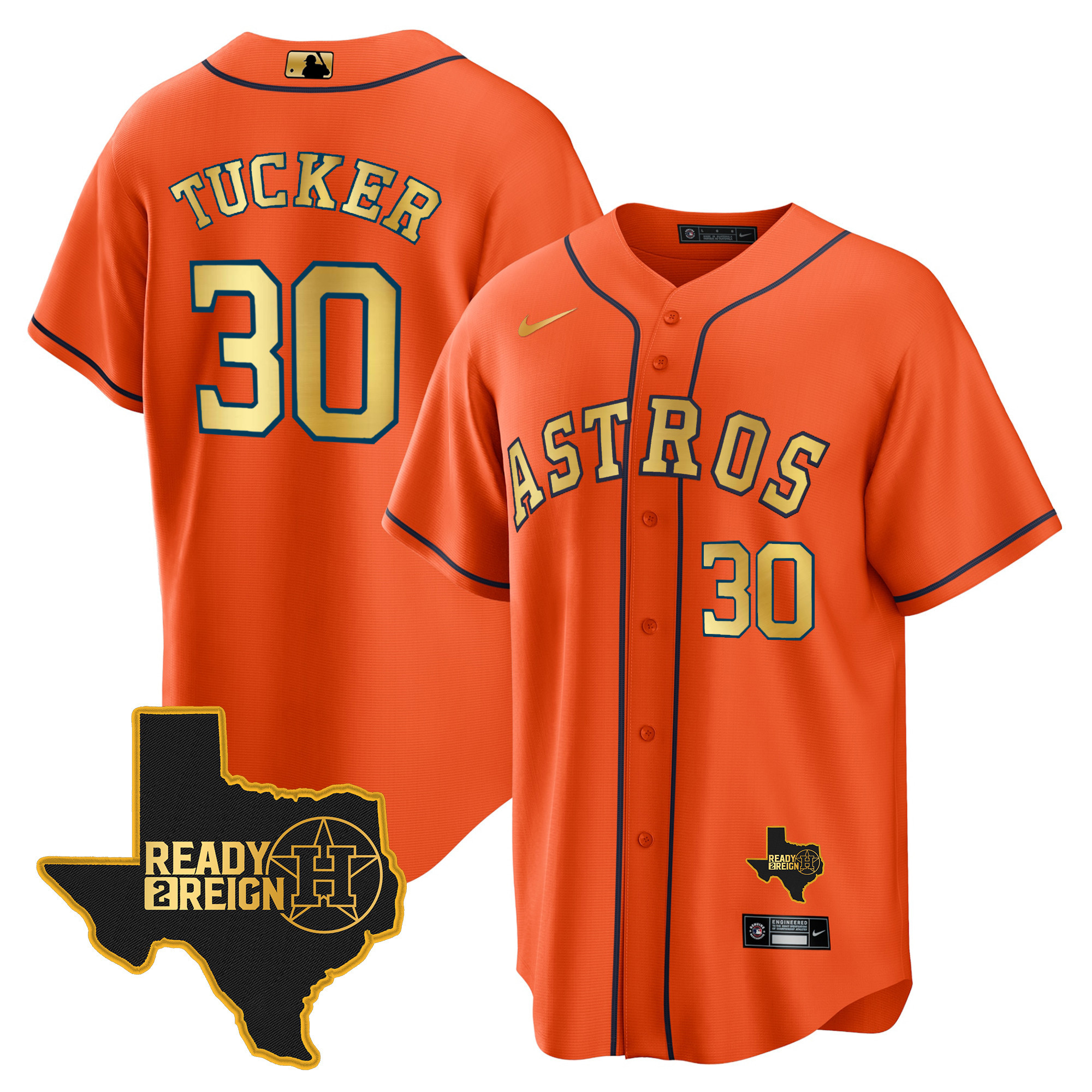 Kyle Tucker Men's Houston Astros 2024 Ready 2 Reign Cool Base Orange Gold Jersey - All Stitched