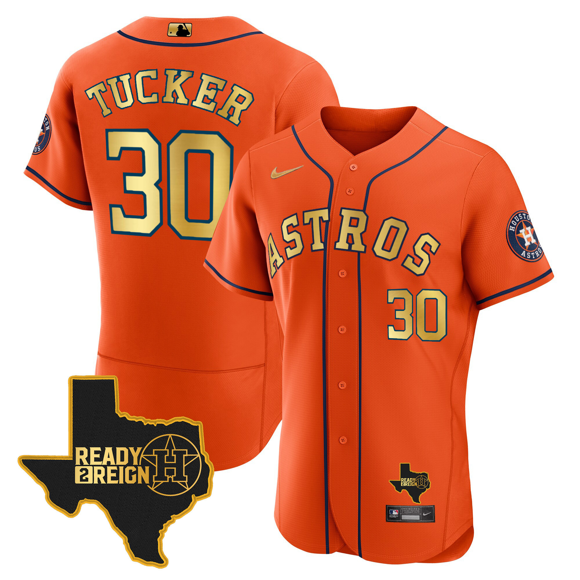 Kyle Tucker Men's Houston Astros 2024 Ready 2 Reign Flex Base Orange Gold Jersey - All Stitched