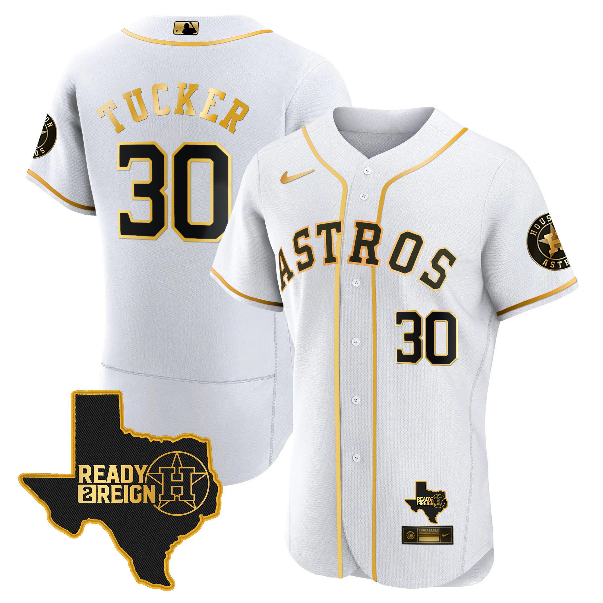 Kyle Tucker Men's Houston Astros 2024 Ready 2 Reign Flex Base White Gold Jersey - All Stitched