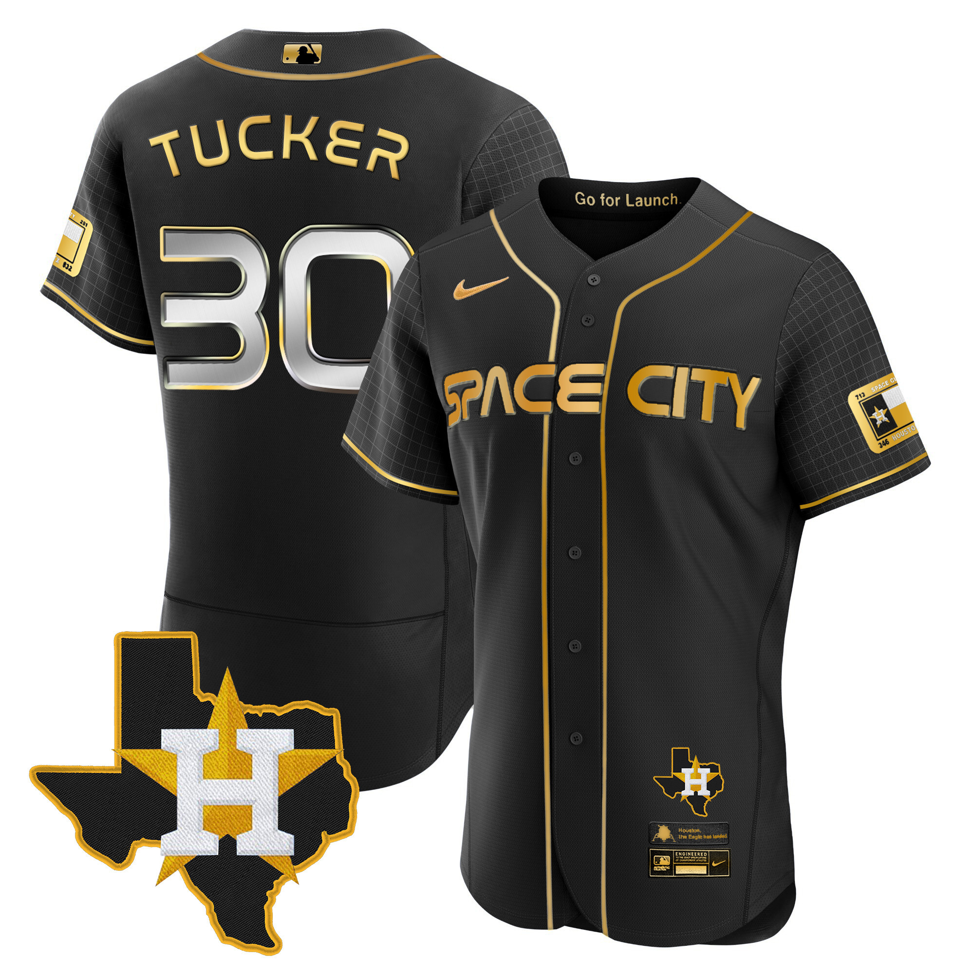 Kyle Tucker Men's Houston Astros 2024 Space City Flex Base - Texas Patch Black Gold Jersey - All Stitched