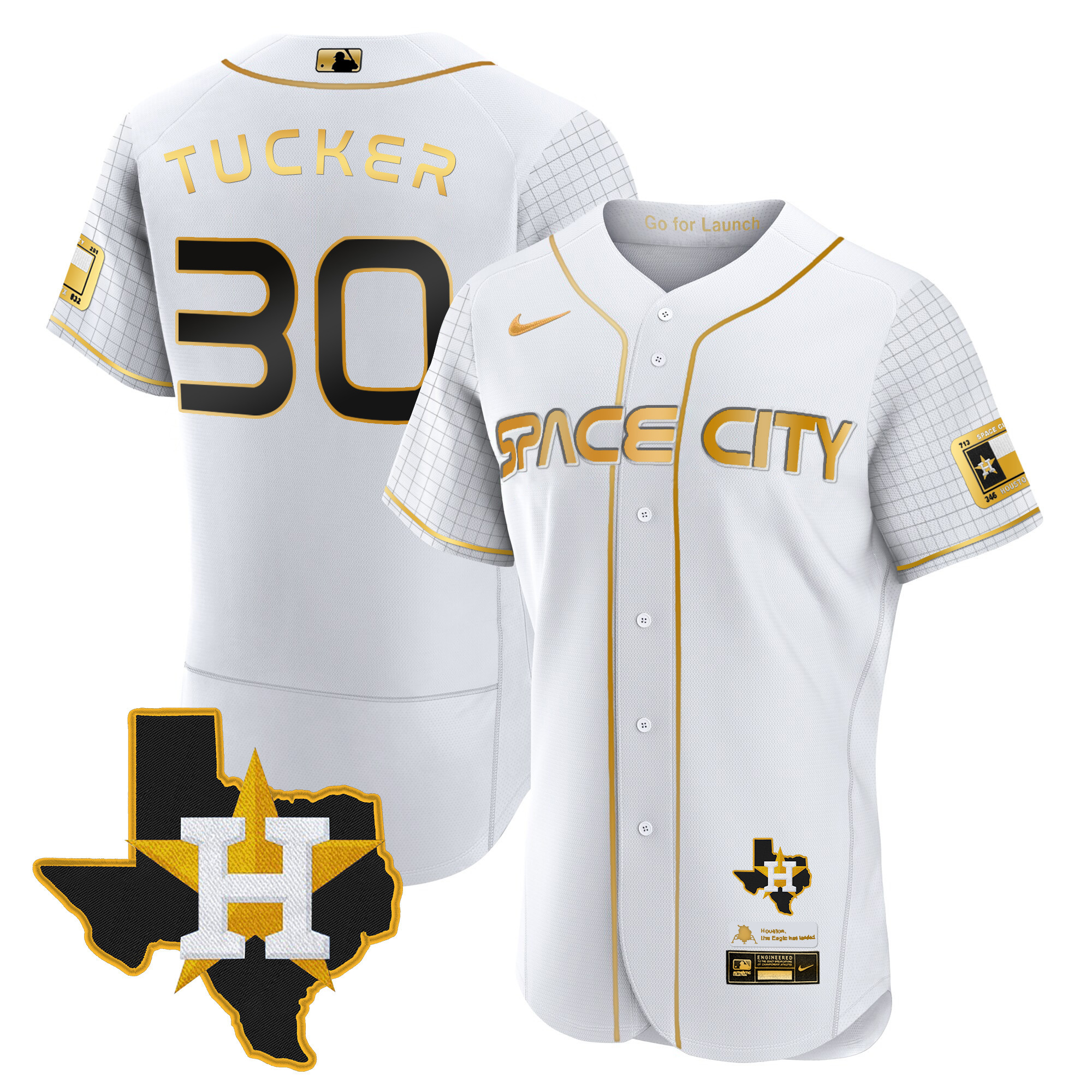 Kyle Tucker Men's Houston Astros 2024 Space City Flex Base - Texas Patch White Gold Jersey - All Stitched