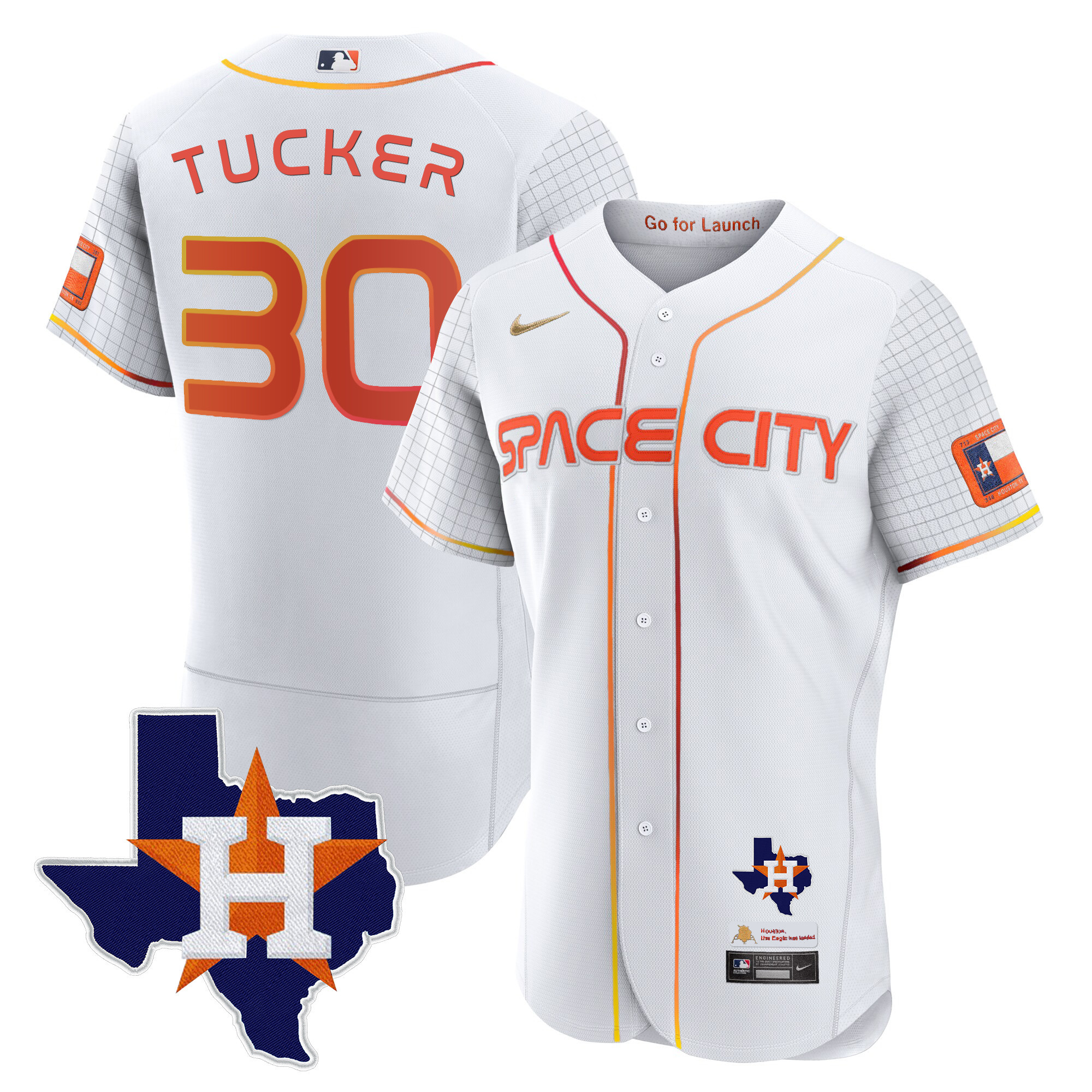 Kyle Tucker Men's Houston Astros 2024 Space City Flex Base - Texas Patch White Jersey - All Stitched