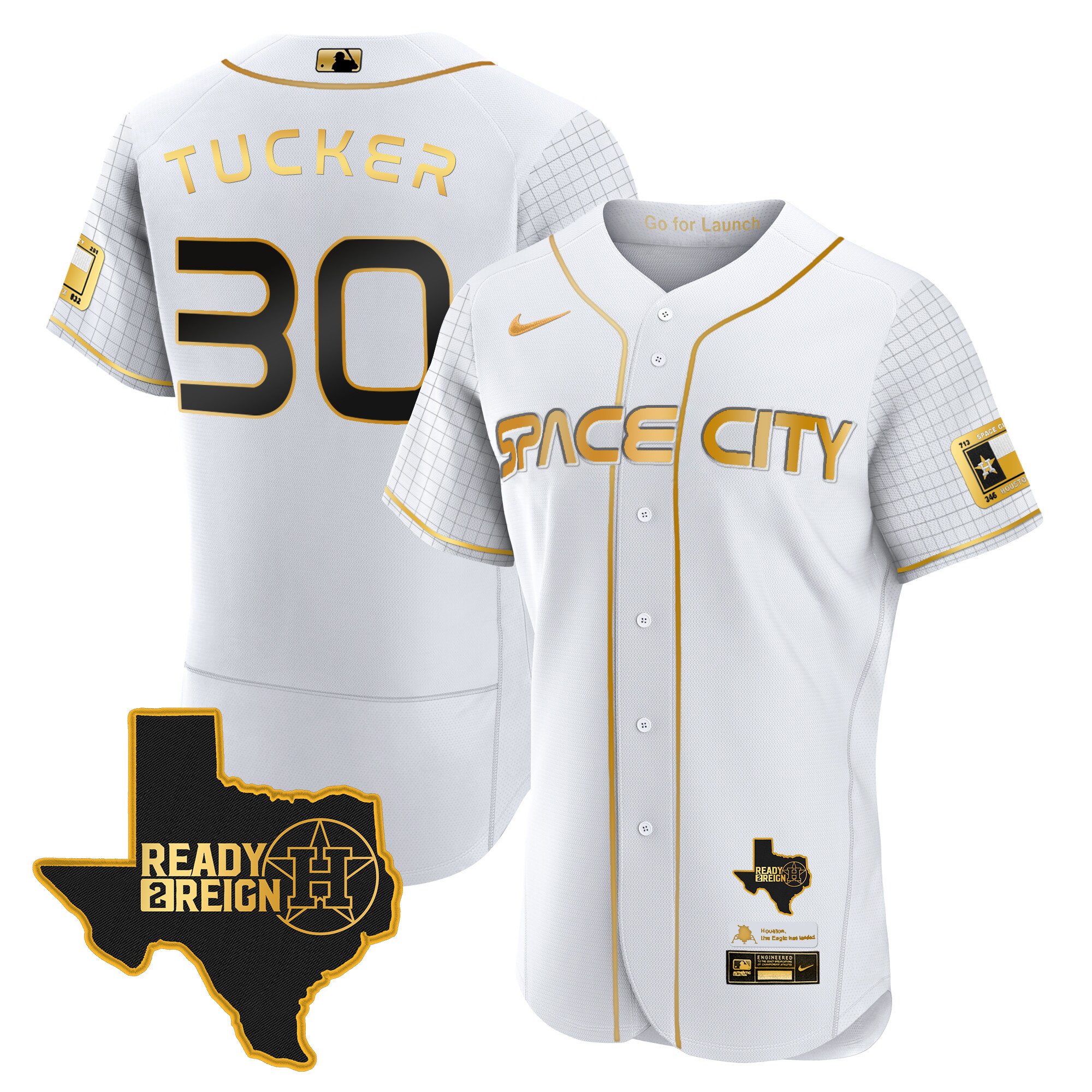 Kyle Tucker Men's Houston Astros 2024 Space City Ready 2 Reign Flex Base White Gold Jersey - All Stitched