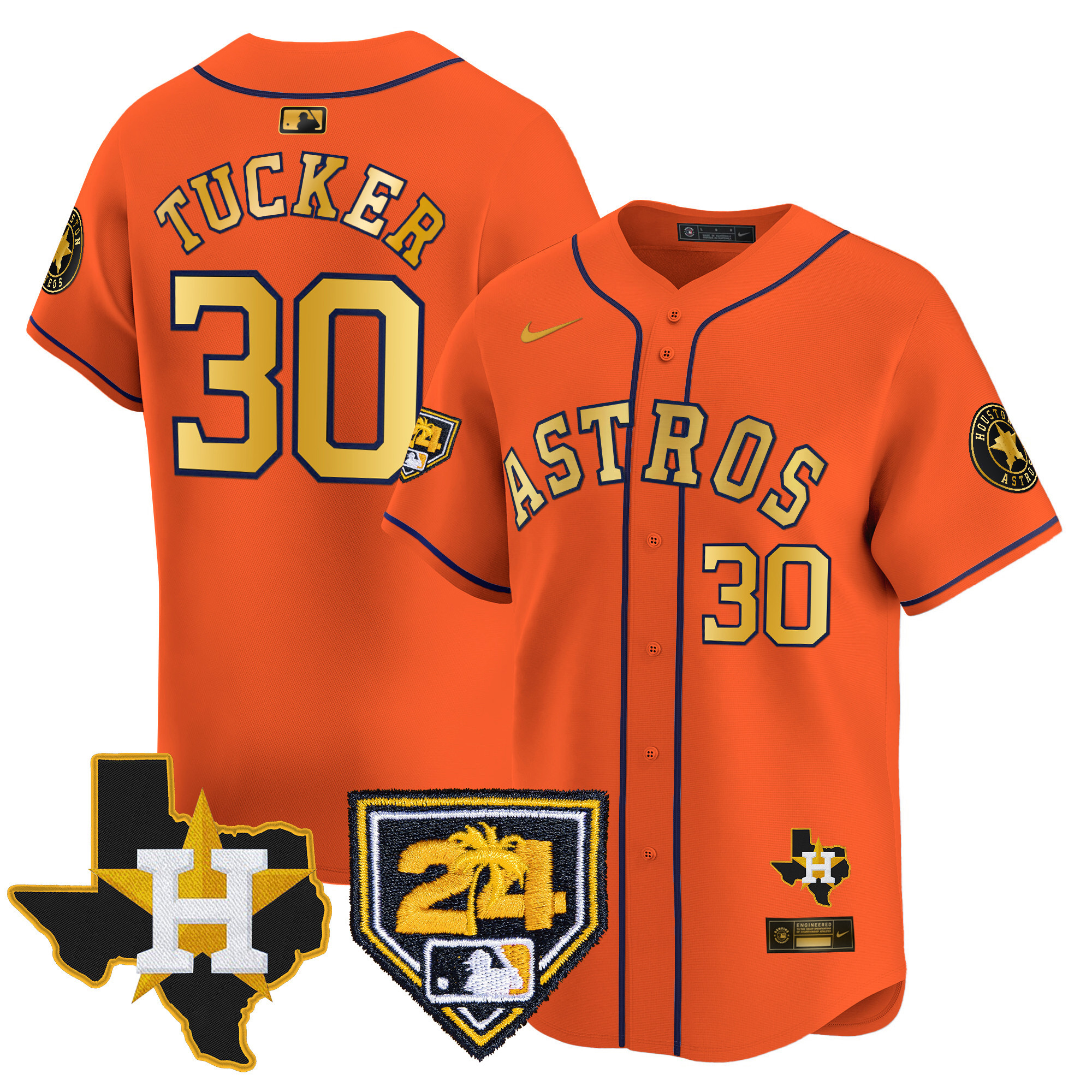 Kyle Tucker Men's Houston Astros 2024 Spring Training & Texas Patch Vapor Premier Limited Orange Gold Jersey - All Stitched