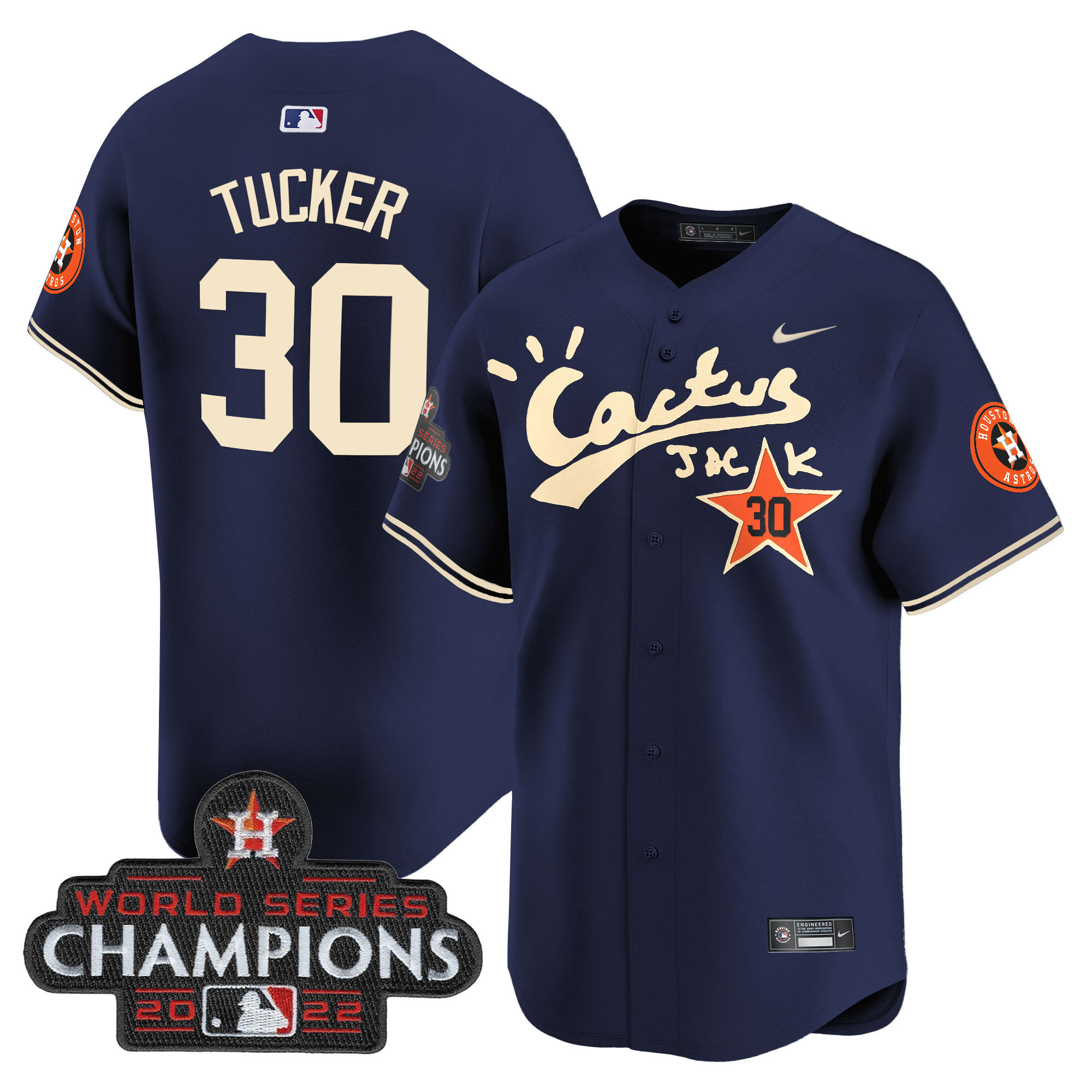 Kyle Tucker Men's Houston Astros Cactus Jack Champions Patch Vapor Premier Limited Navy Jersey - All Stitched
