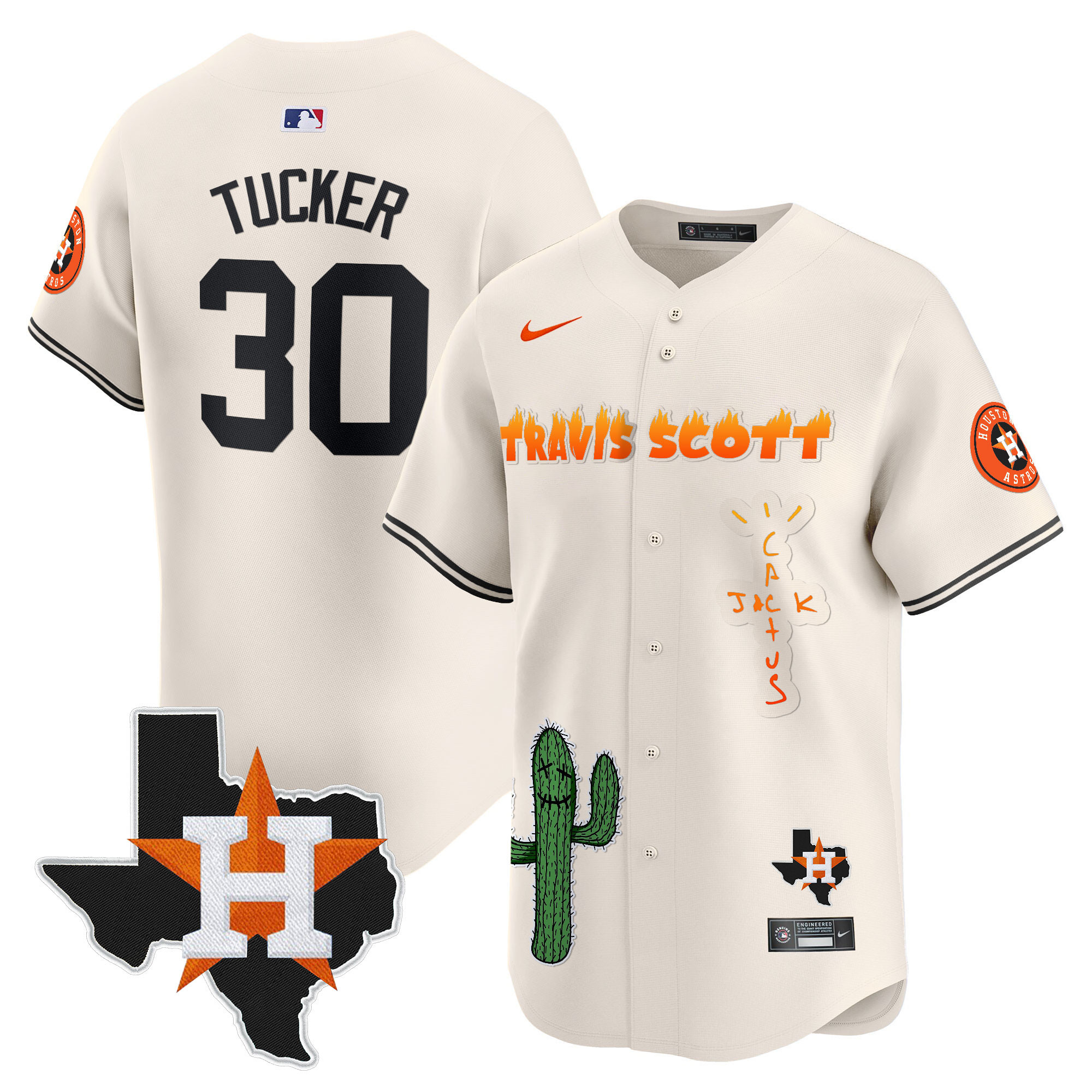 Kyle Tucker Men's Houston Astros Cactus Jack Patch Vapor Premier Limited V9 Cream Jersey - All Stitched