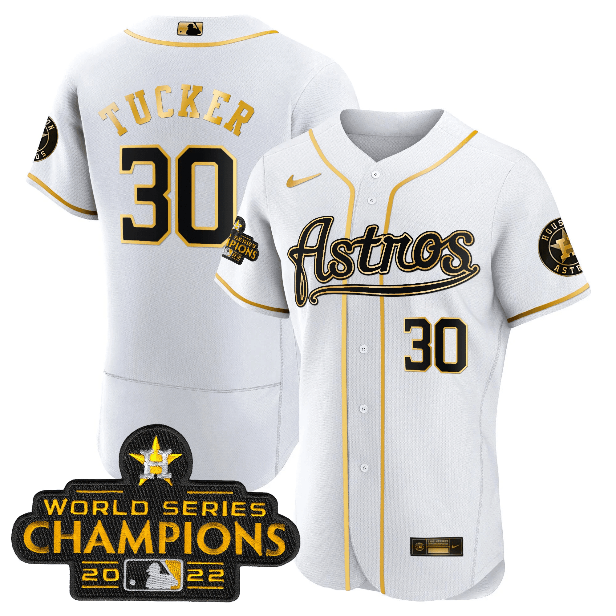 Kyle Tucker Men's Houston Astros Champions & Throwback Patch Gold V2 Flex White Jersey - All Stitched