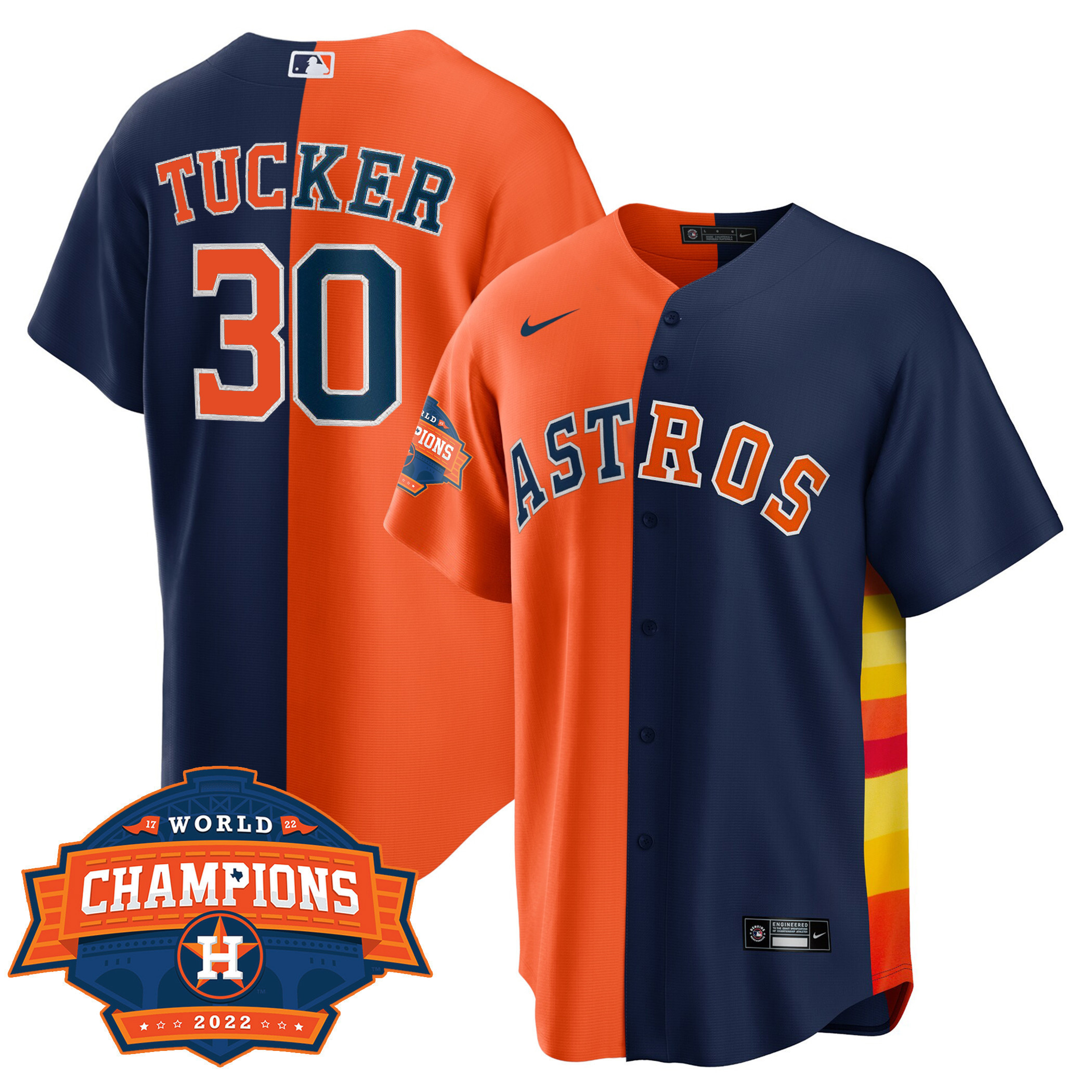 Kyle Tucker Men's Houston Astros Cool Base Split 2022 Champions Limited Player Orange Navy Jersey - All Stitched