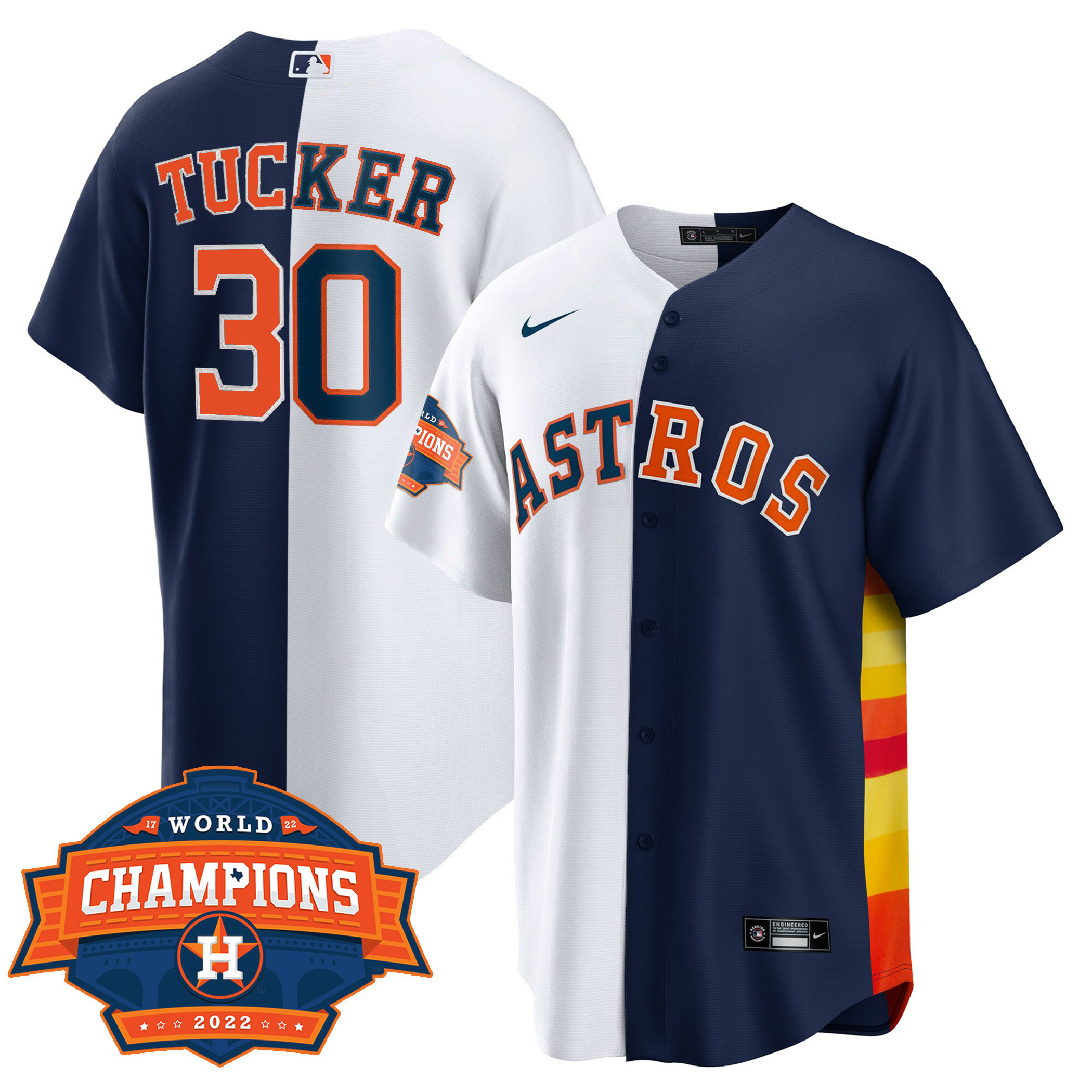 Kyle Tucker Men's Houston Astros Cool Base Split 2022 Champions Limited Player White Navy Jersey - All Stitched