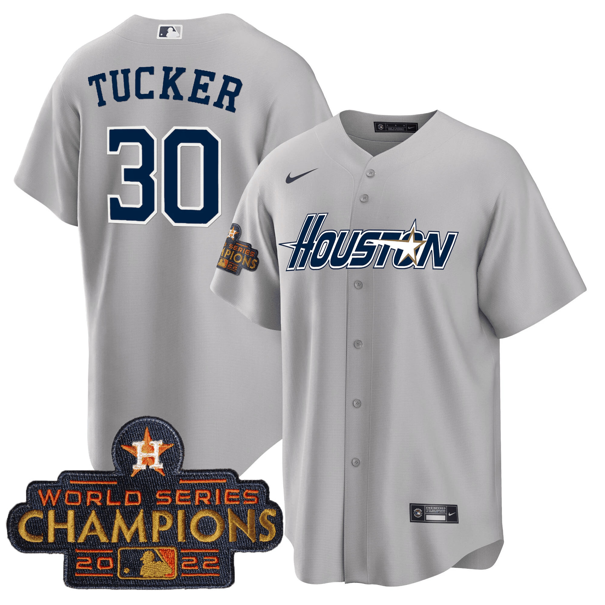 Kyle Tucker Men's Houston Astros Gray & Gold 2023 Champions Patch Cool Gray Jersey - All Stitched