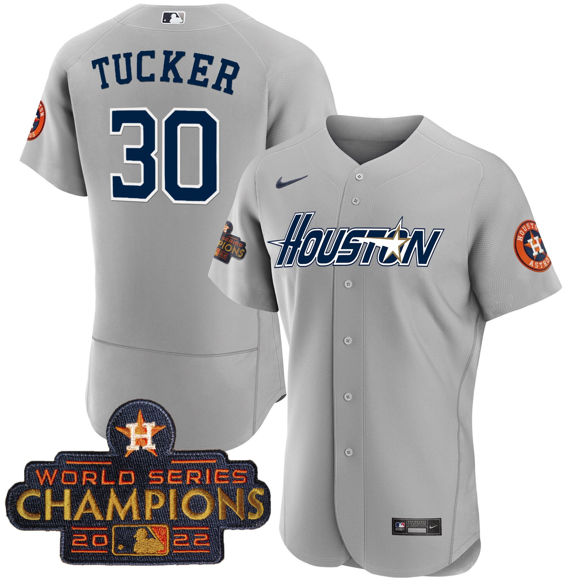 Kyle Tucker Men's Houston Astros Gray & Gold 2023 Champions Patch Flex Gray Jersey - All Stitched