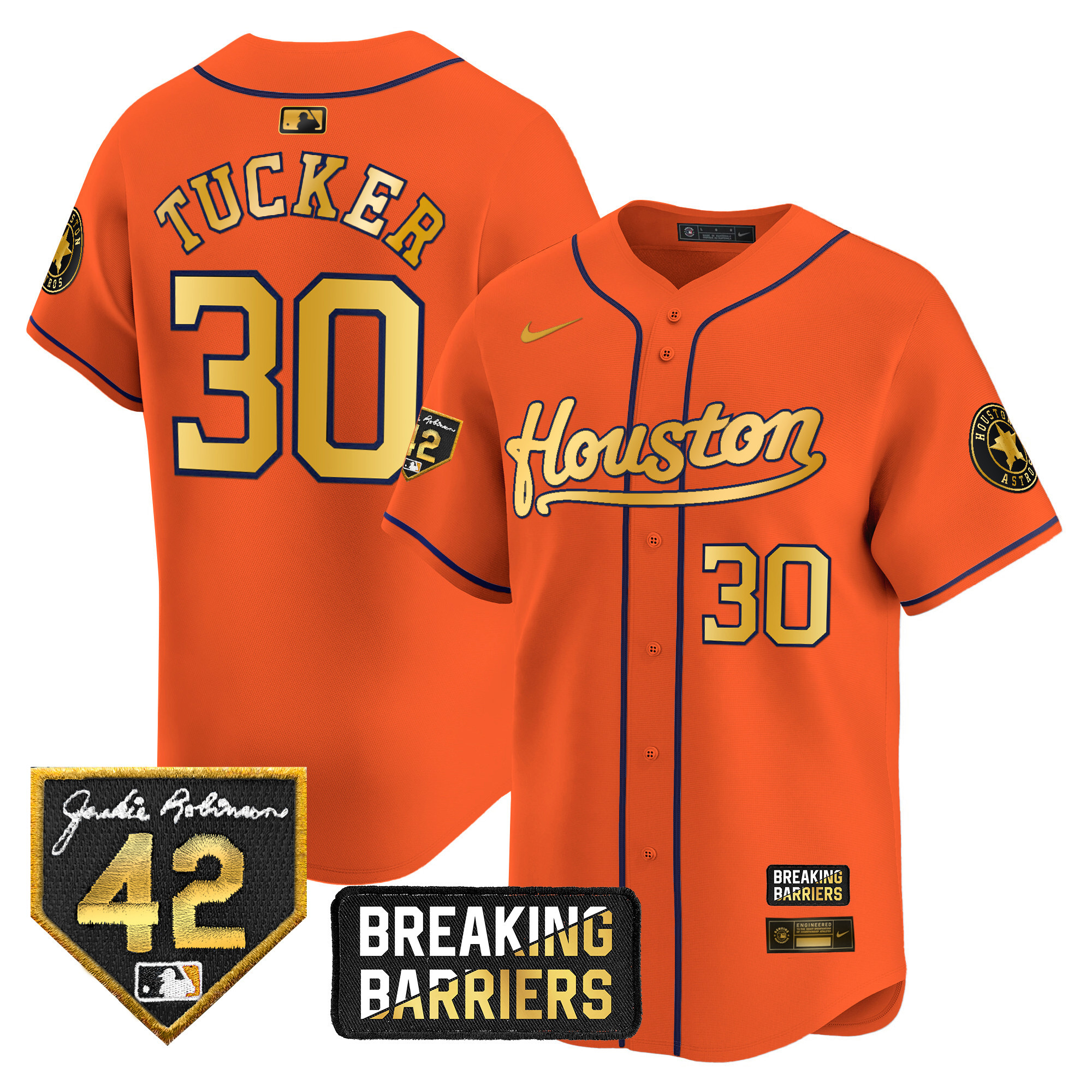 Kyle Tucker Men's Houston Astros Jackie Robinson Breaking Barriers Patch Vapor Premier Limited Orange Gold Jersey - All Stitched