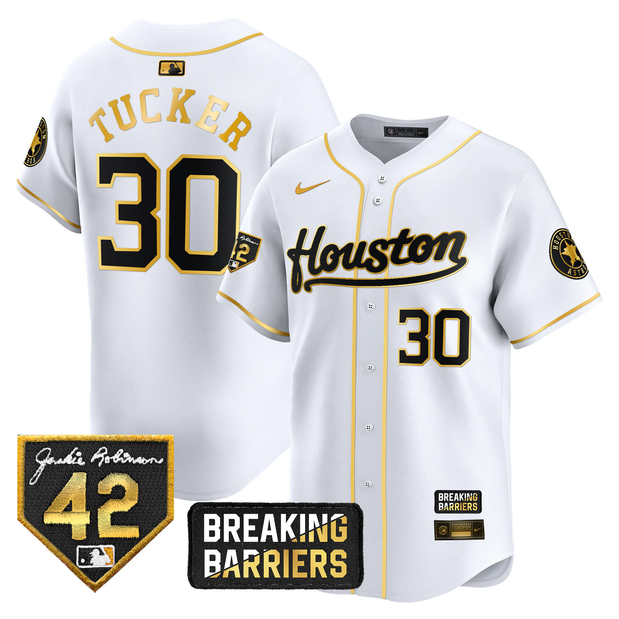 Kyle Tucker Men's Houston Astros Jackie Robinson Breaking Barriers Patch Vapor Premier Limited White Gold Jersey - All Stitched