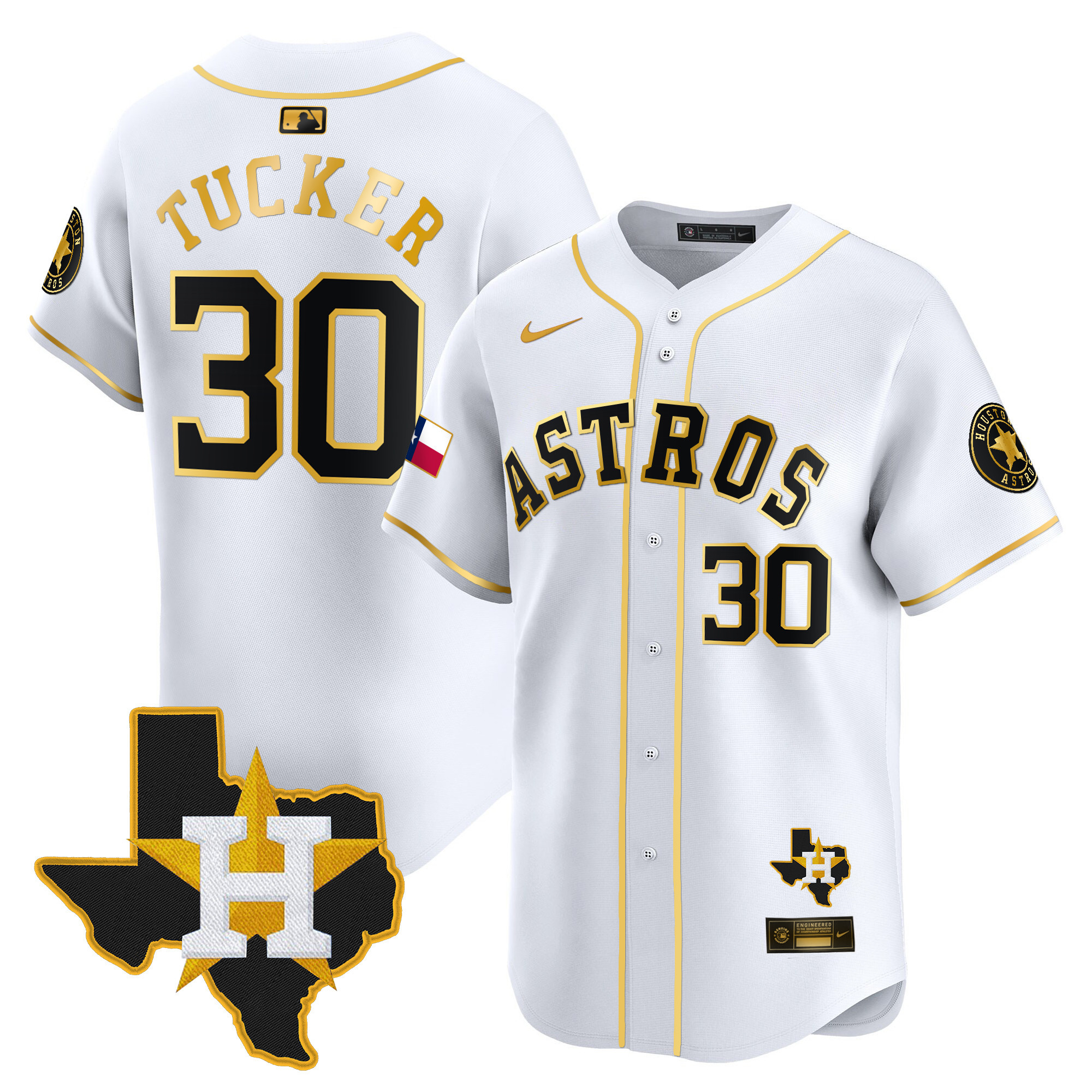 Kyle Tucker Men's Houston Astros Texas Patch Vapor Premier Limited White Gold Jersey - All Stitched