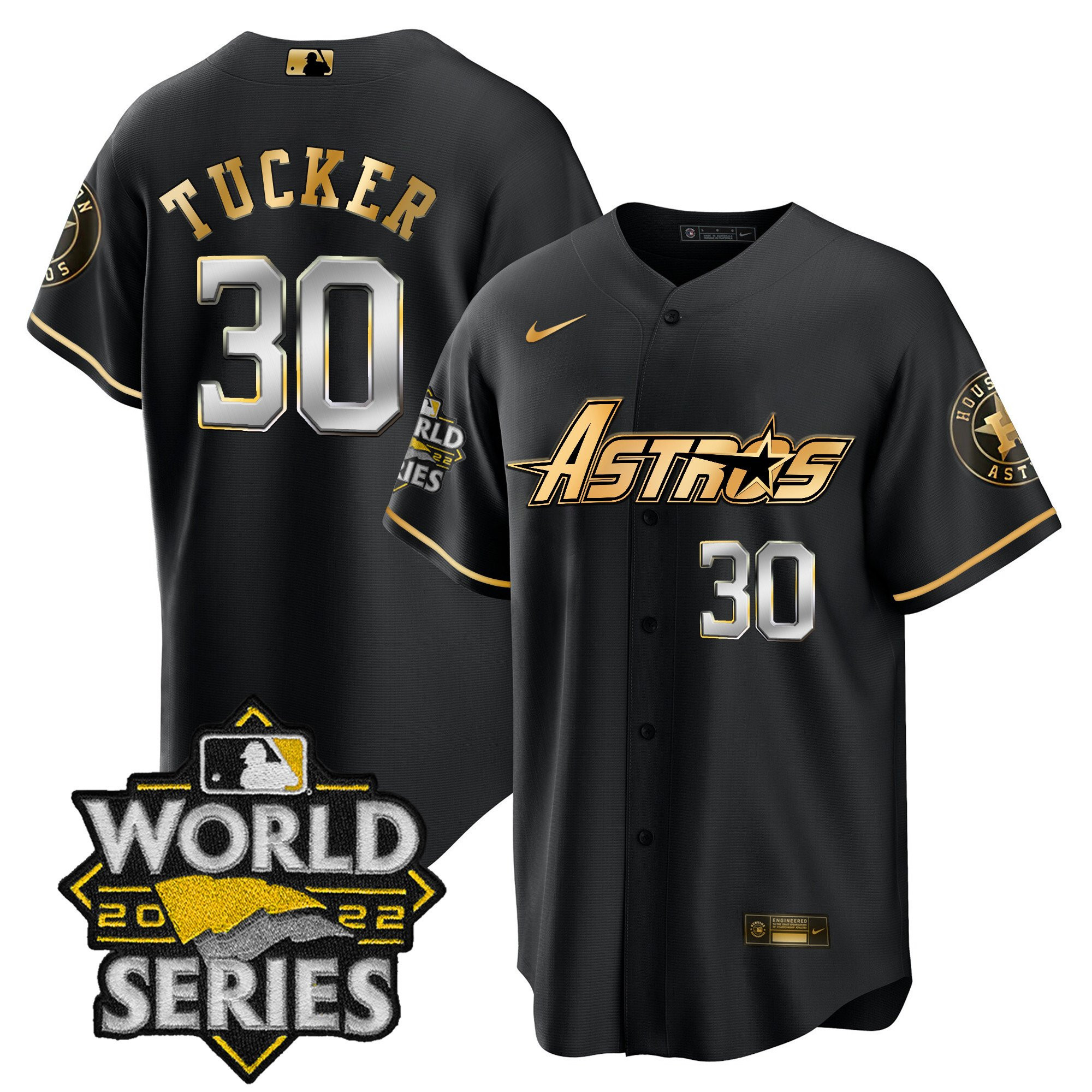 Kyle Tucker Men's Houston Astros World Series & Throwback Patch Gold Cool Black Jersey - All Stitched