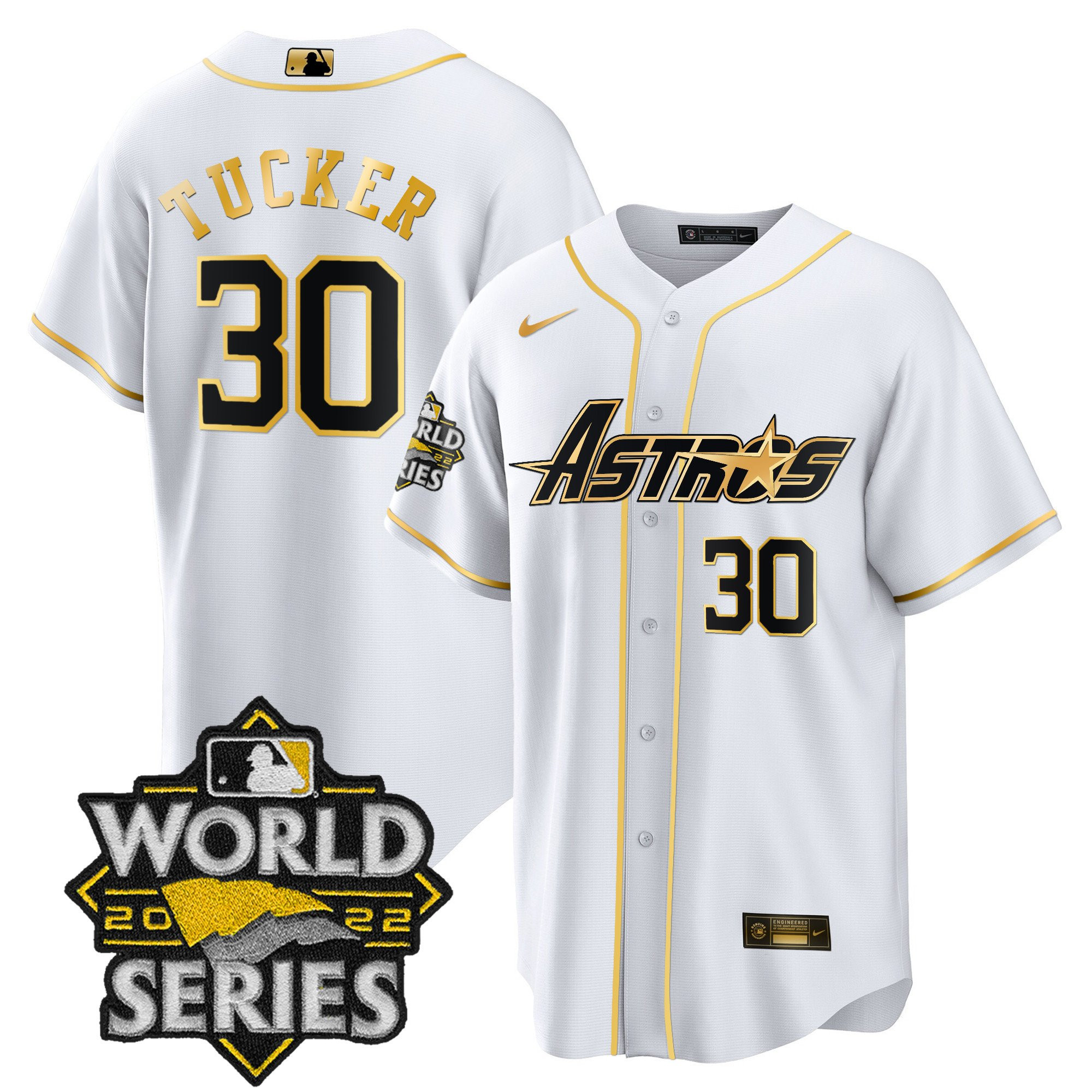 Kyle Tucker Men's Houston Astros World Series & Throwback Patch Gold Cool White Jersey - All Stitched
