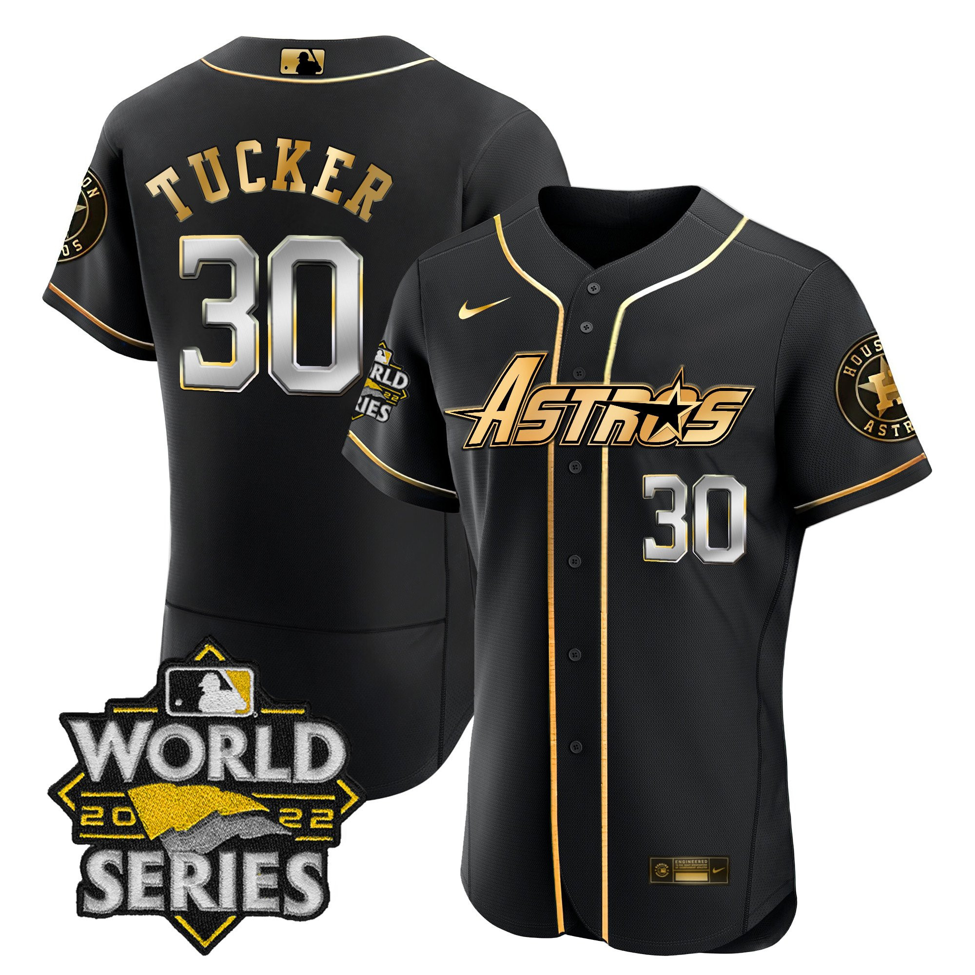 Kyle Tucker Men's Houston Astros World Series & Throwback Patch Gold Flex Black Jersey - All Stitched