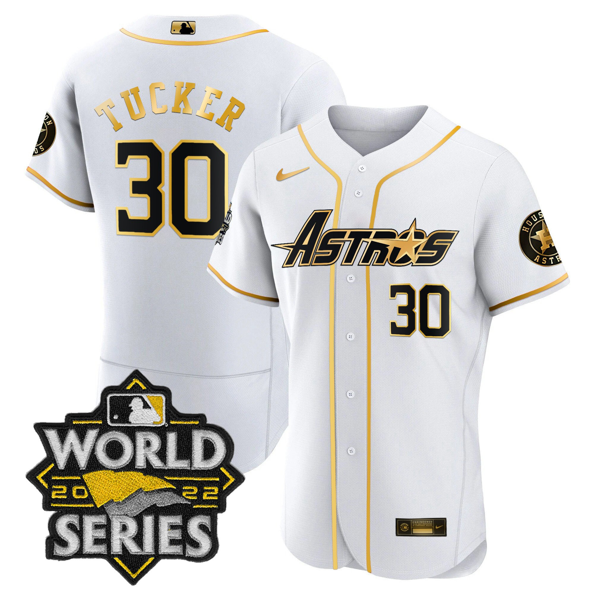 Kyle Tucker Men's Houston Astros World Series & Throwback Patch Gold Flex White Jersey - All Stitched