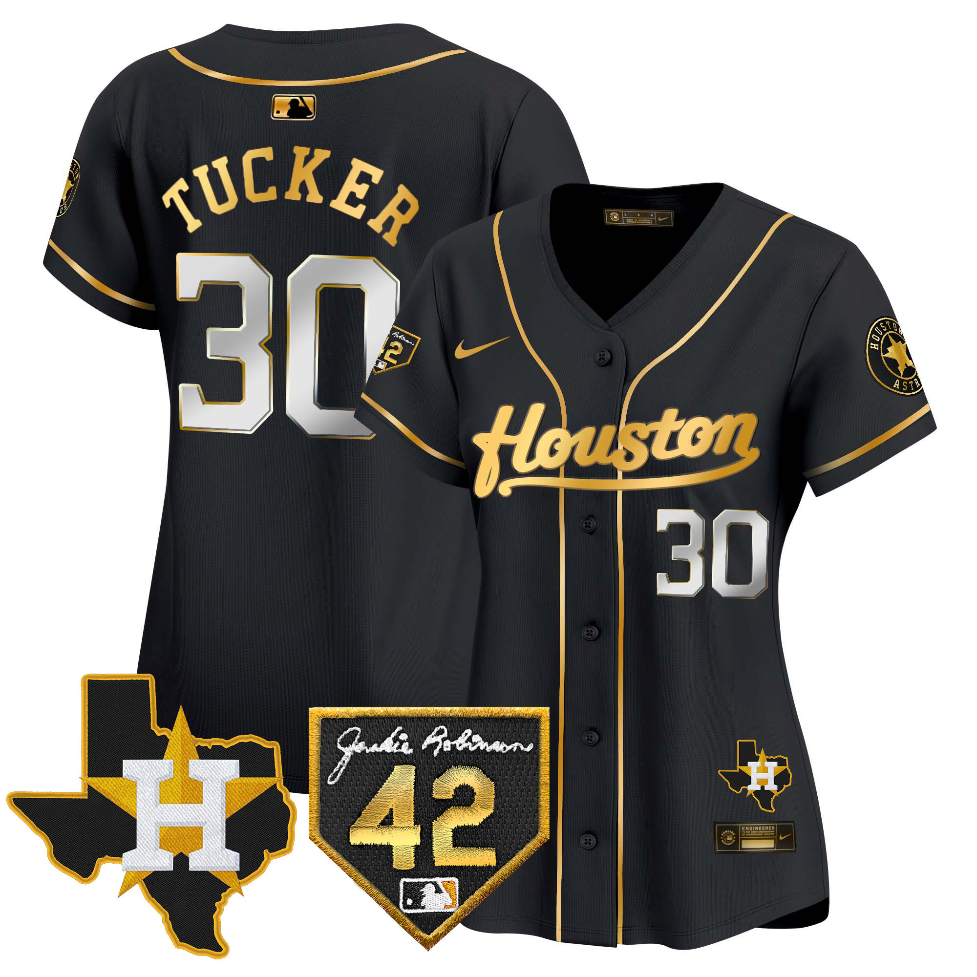 Kyle Tucker Women's Houston Astros 2024 Jackie Robinson Patch Vapor Premier Limited Black Gold Jersey - All Stitched