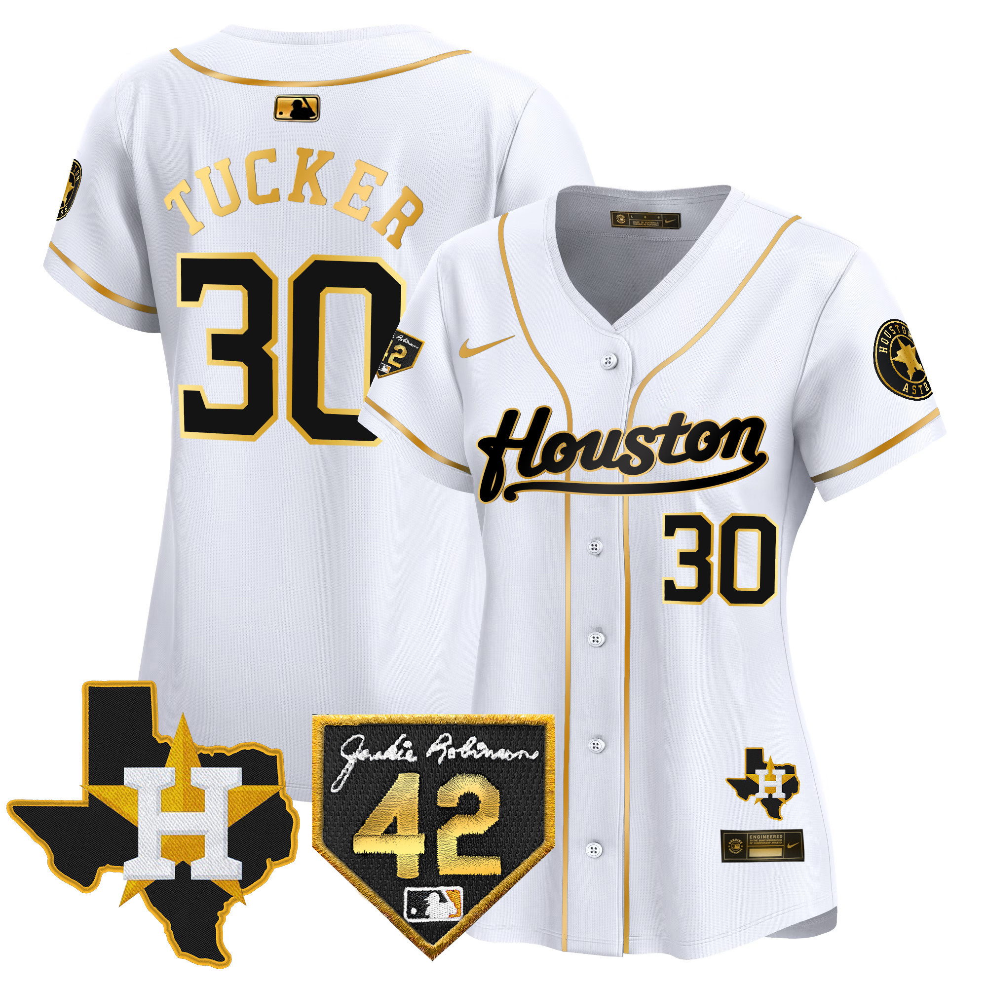 Kyle Tucker Women's Houston Astros 2024 Jackie Robinson Patch Vapor Premier Limited White Gold Jersey - All Stitched