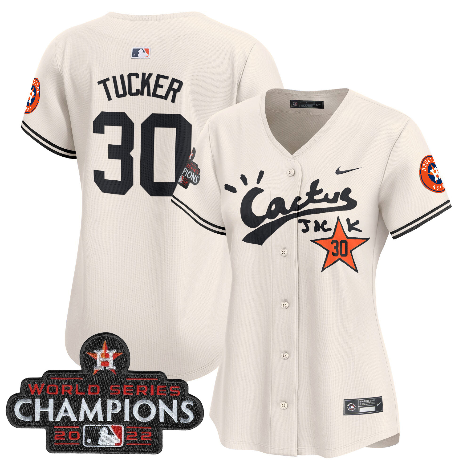 Kyle Tucker Women's Houston Astros Cactus Jack Champions Patch Vapor Premier Limited Cream Jersey - All Stitched
