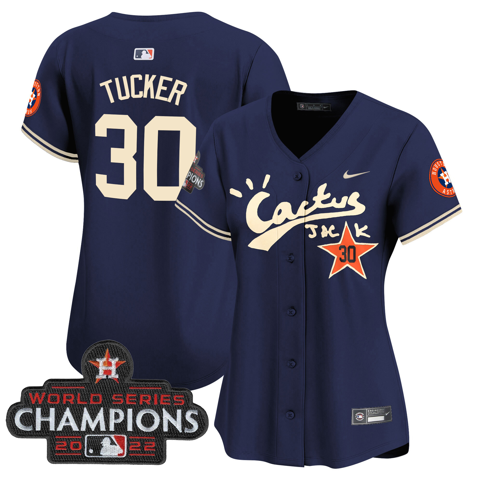 Kyle Tucker Women's Houston Astros Cactus Jack Champions Patch Vapor Premier Limited Navy Jersey - All Stitched