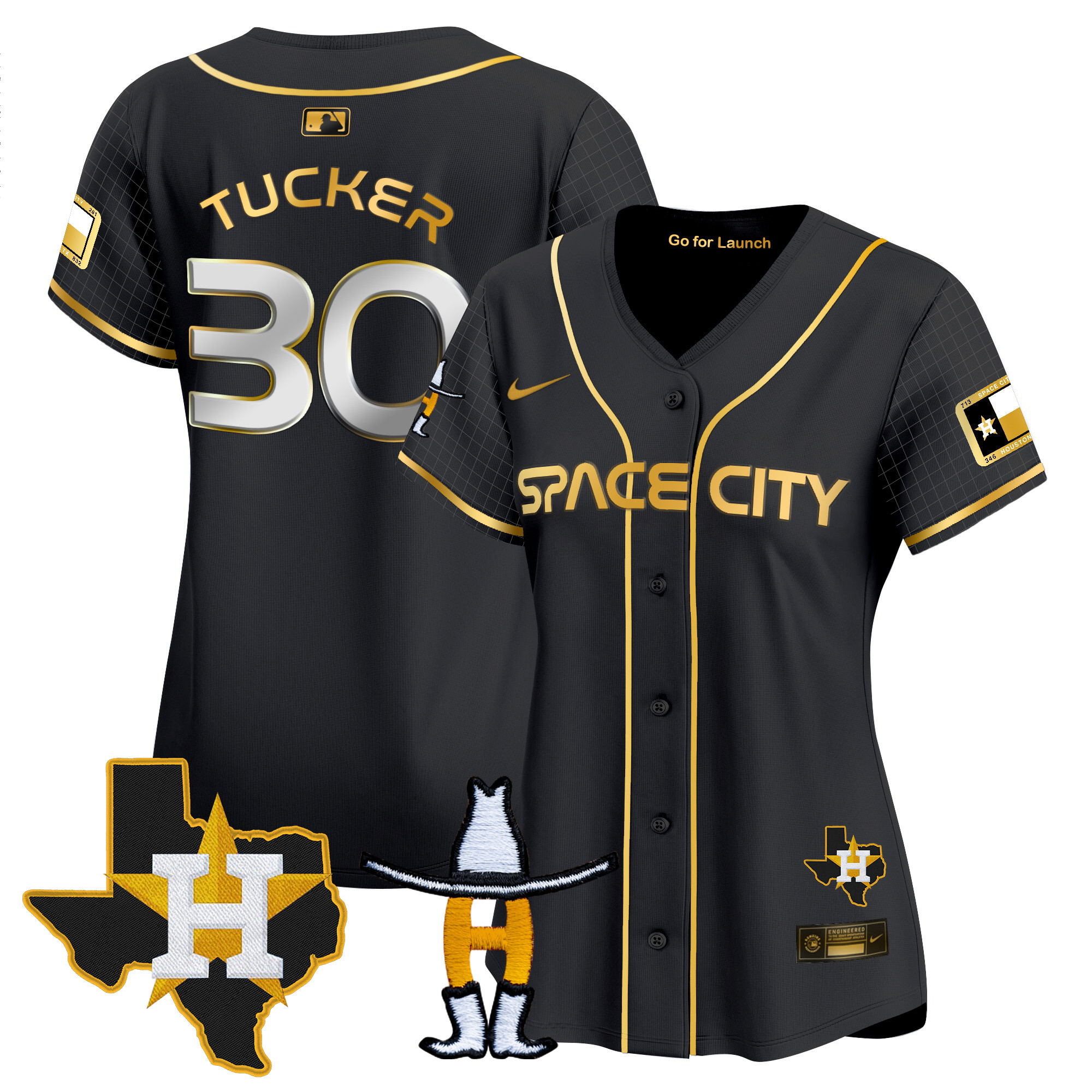 Kyle Tucker Women's Houston Astros Space City Texas Patch Vapor Premier Limited Black Gold Jersey - All Stitched
