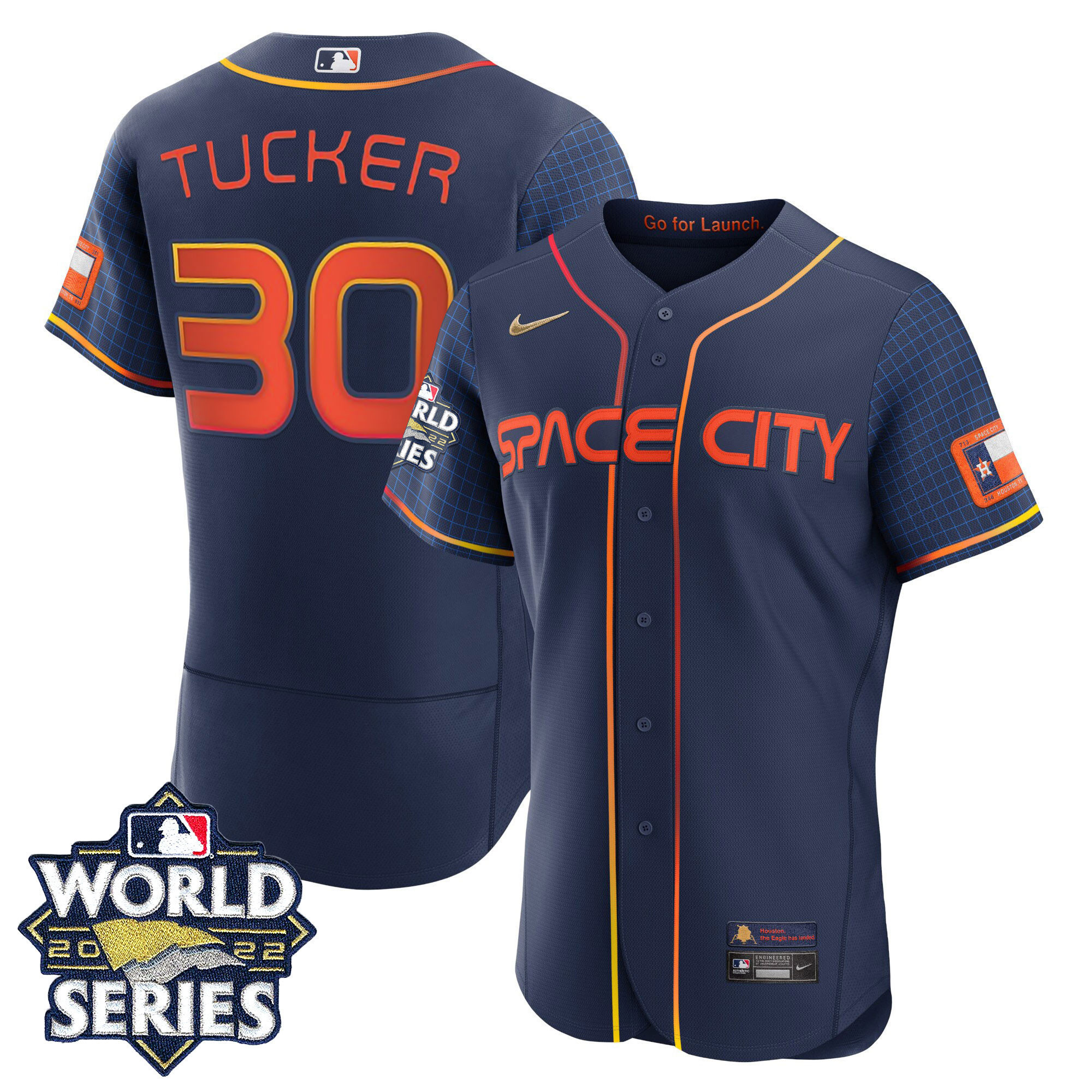 Kyle Tucker Youth's Houston Astros Space City Gold 2022 World Series Flex Navy Jersey - All Stitched