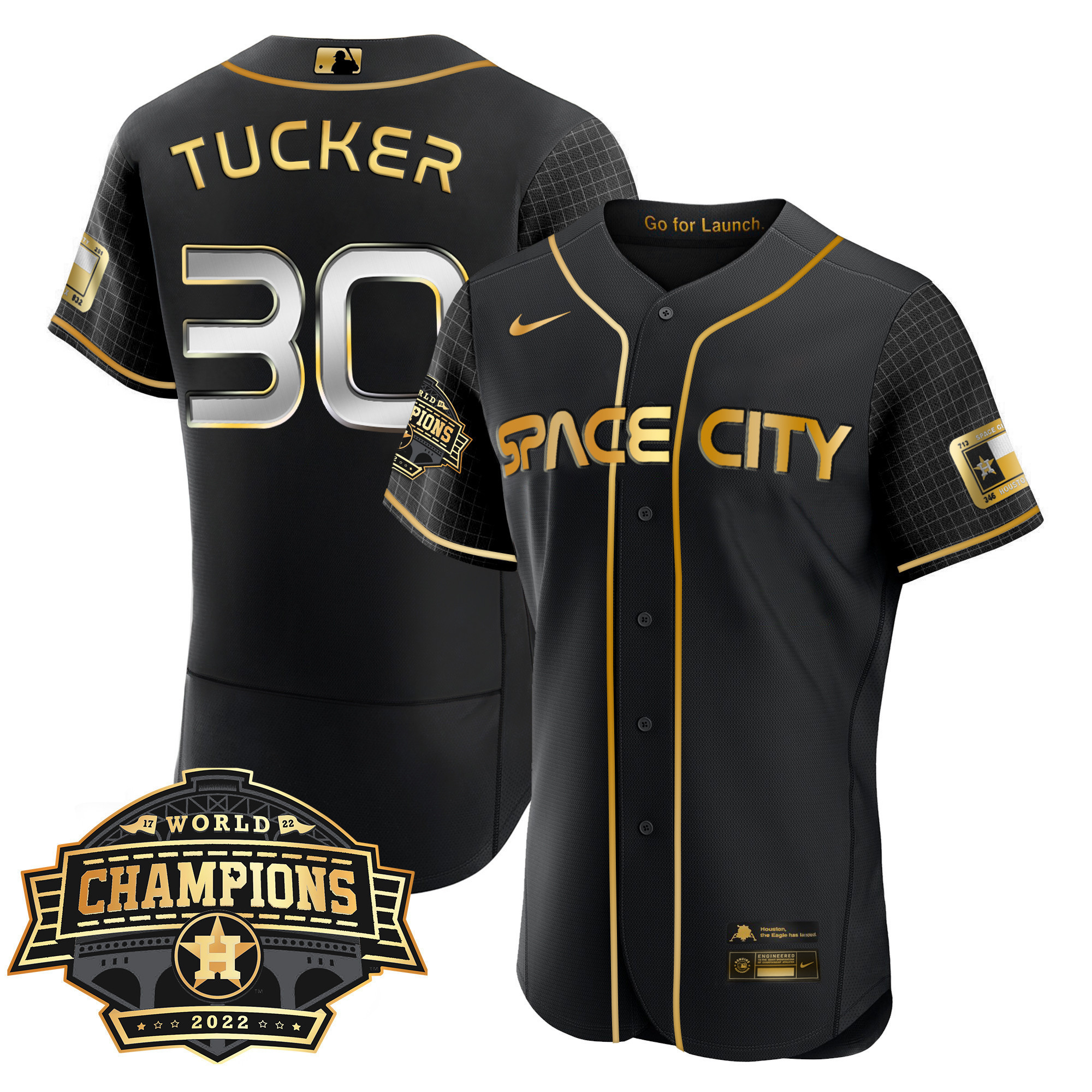 Kyle TuckerYouth's Houston Astros Space City 2022 World Series Champions Patch Limited Flex Black Jersey ñ All Stitched