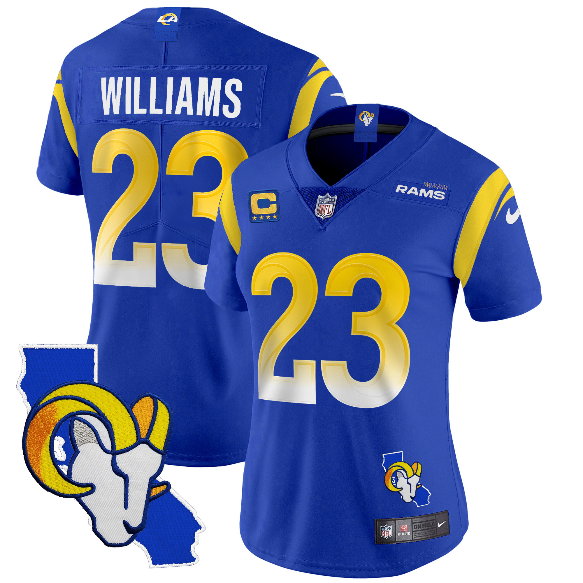 Kyren Williams Women's Los Angeles Rams California Patch Vapor Limited Royal Jersey - All Stitched 