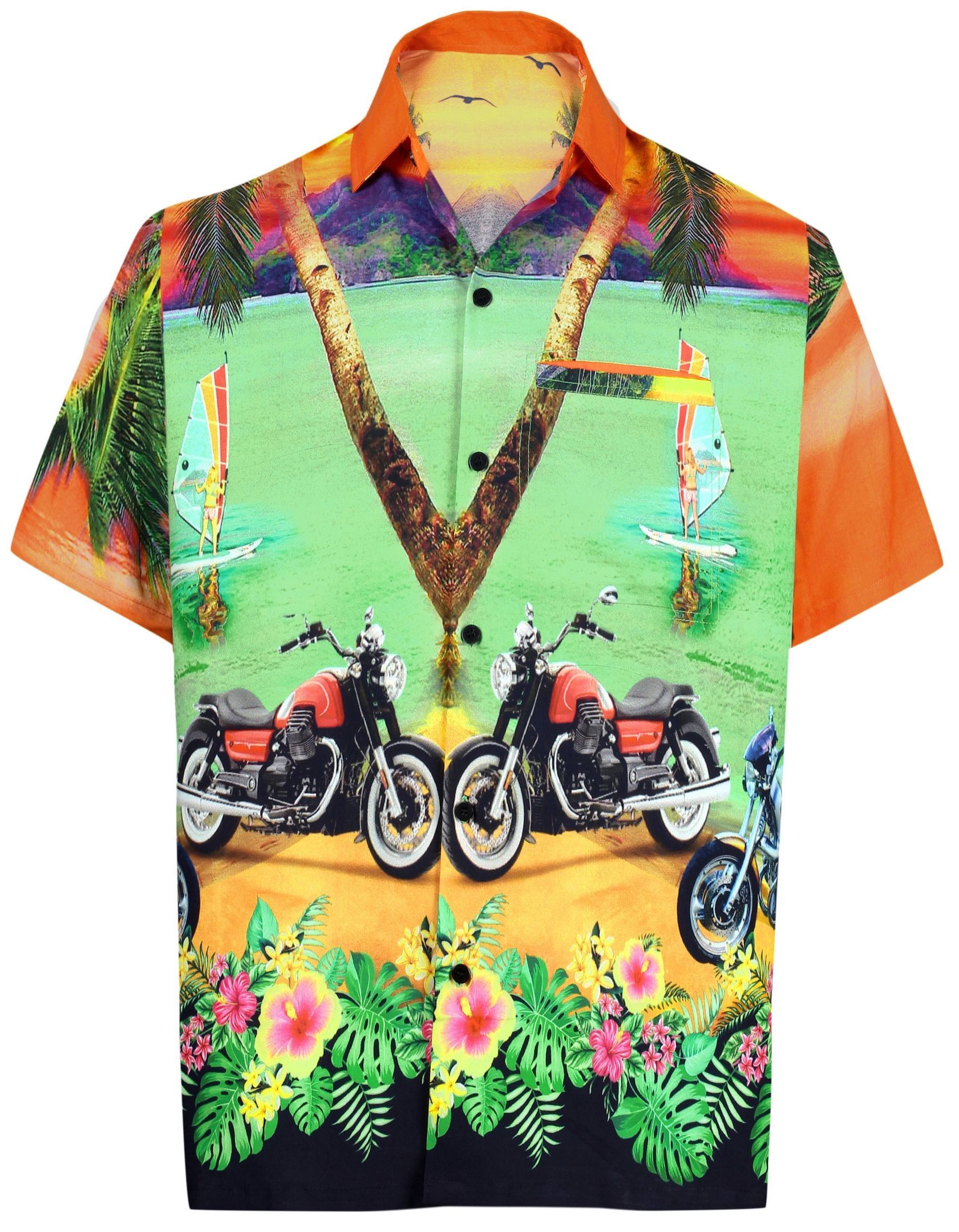 La Leela Men Casual Beach Hawaiian Shirt Aloha Relaxed Tropical Beach Front Orange