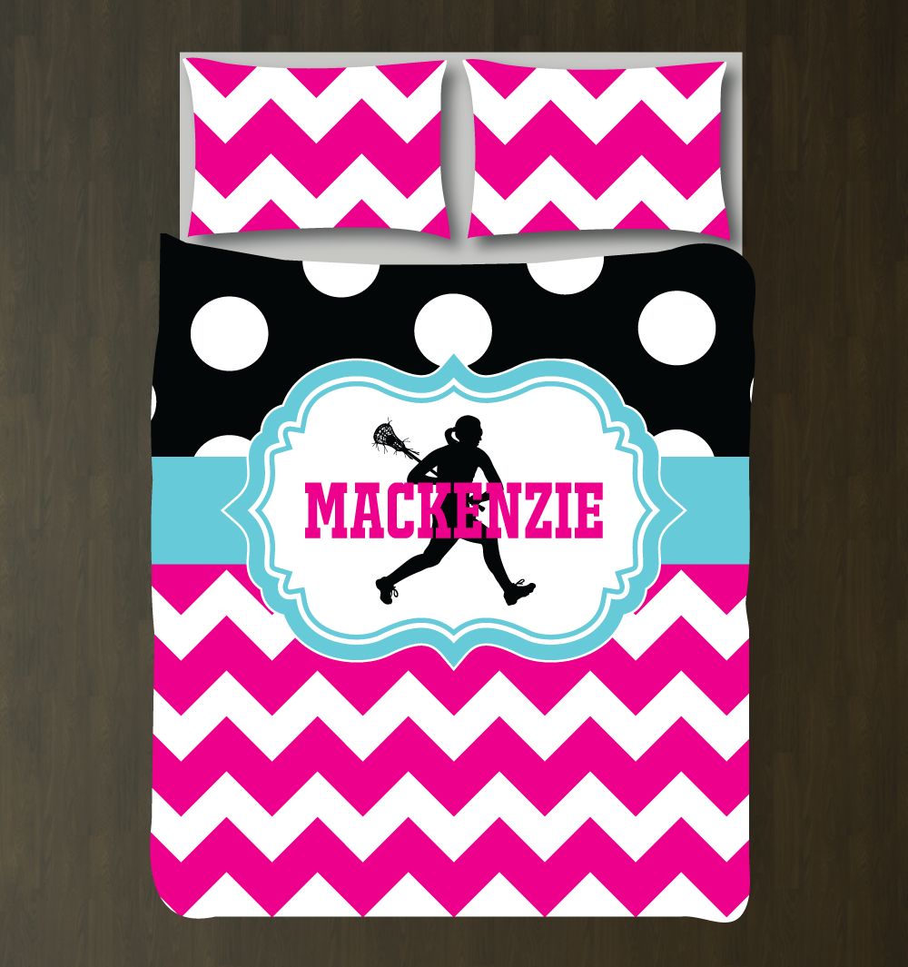 Lacrosse Chevron And Polka Dot For Girls Customized Hot Pink, Aqua, Black And White Duvet Cover Bedding Set