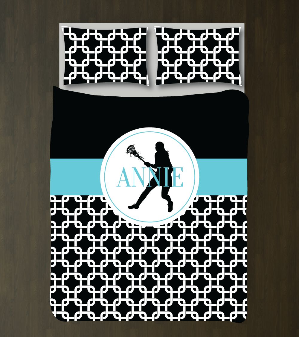 Lacrosse Themed Chain Link For Girls Customized Aqua, Black And White Duvet Cover Bedding Set
