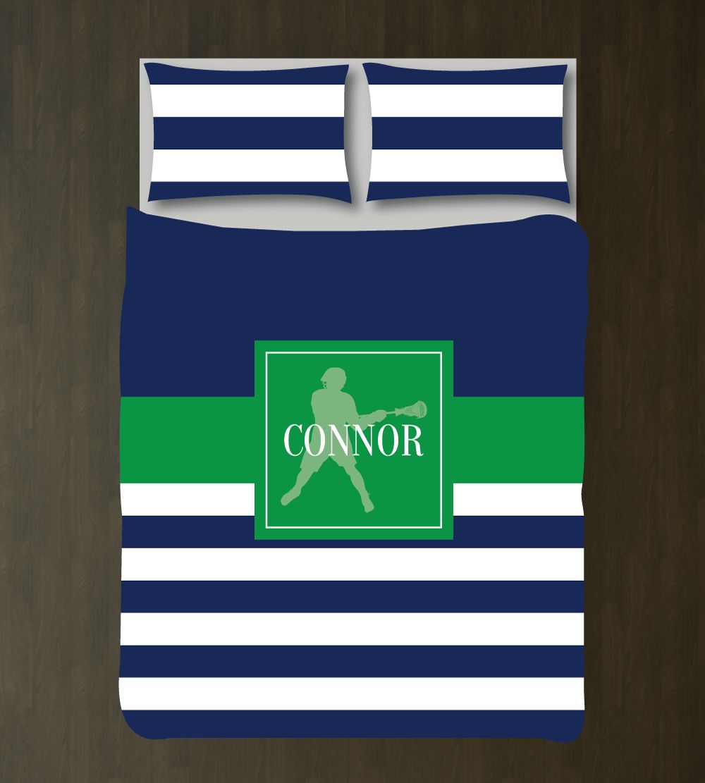 Lacrosse With Stripes Boys Lax And Shams Navy Blue, Green And White Duvet Cover Bedding Set