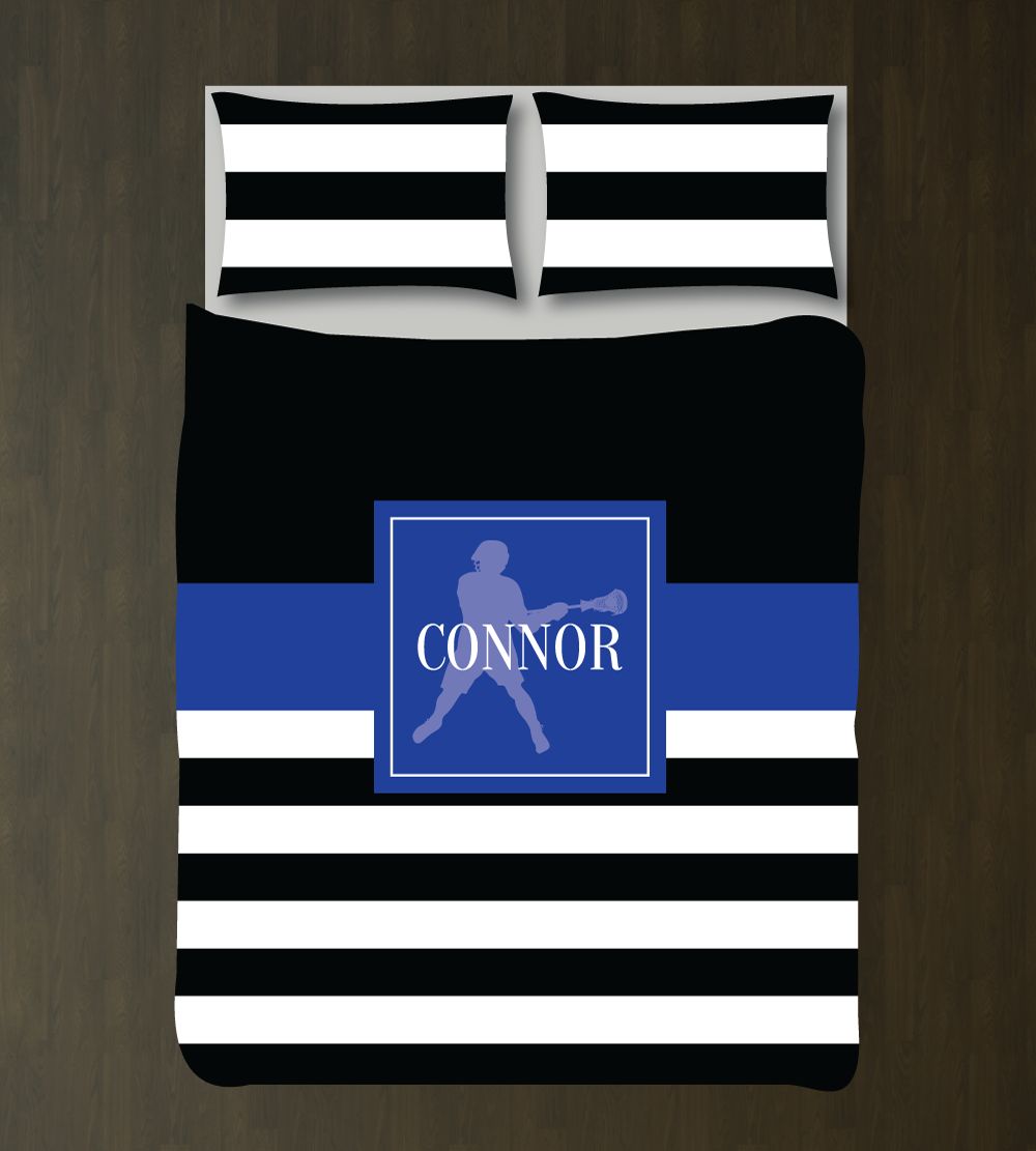 Lacrosse With Stripes Boys Lax And Shams Royal Blue, Black And White Duvet Cover Bedding Set