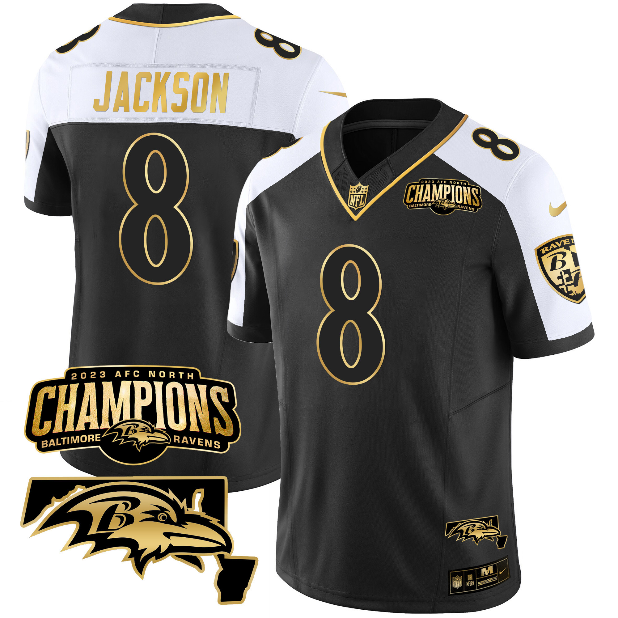 Lamar Jackson Men's Baltimore Ravens 2023 Afc North Champions Maryland Patch Gold Vapor Alternate Jersey All Stitched