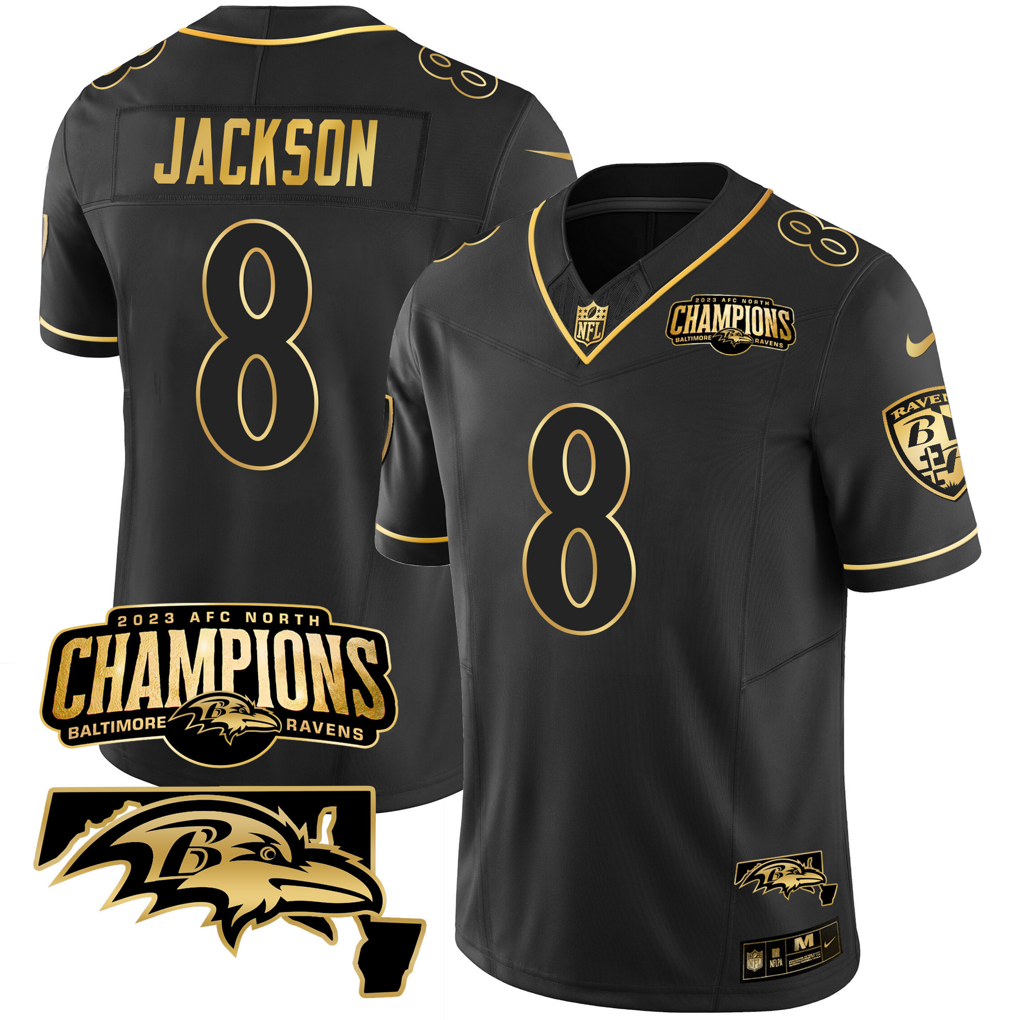 Lamar Jackson Men's Baltimore Ravens 2023 Afc North Champions Maryland Patch Gold Vapor Black Gold Jersey All Stitched